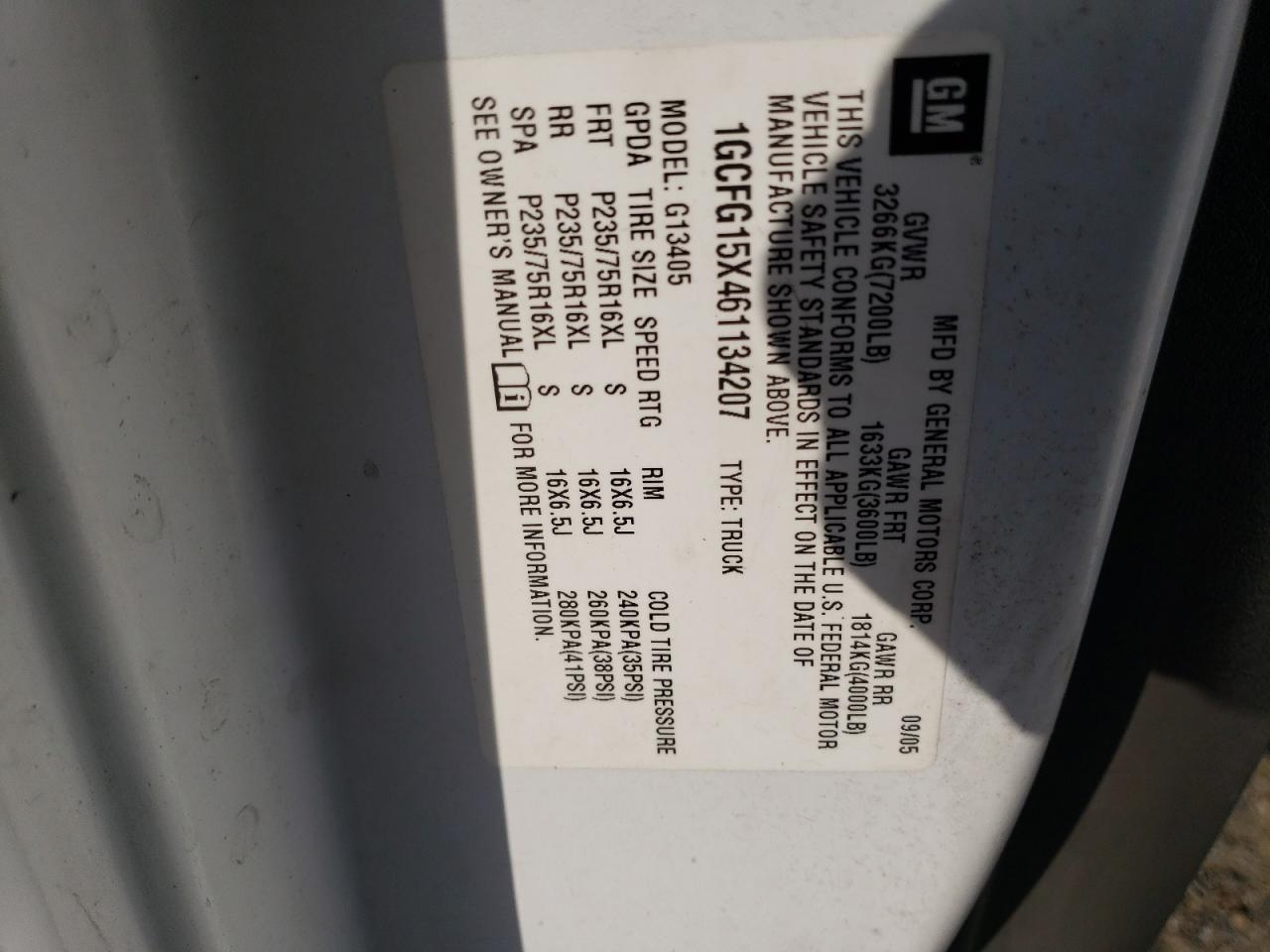 2006 Chevrolet Express G1500 VIN: 1GCFG15X461134207 Lot: 51510235