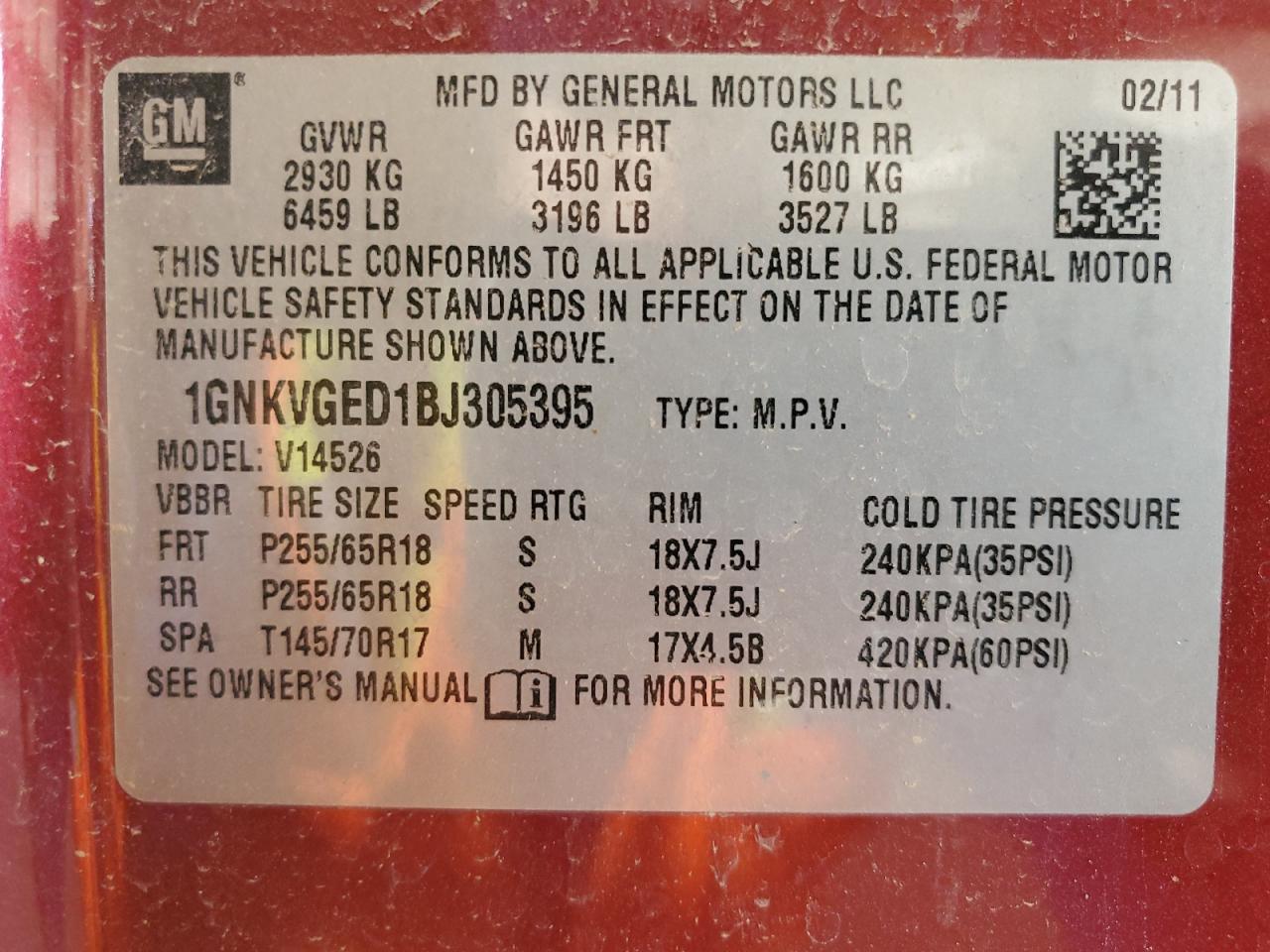 2011 Chevrolet Traverse Lt VIN: 1GNKVGED1BJ305395 Lot: 53308895
