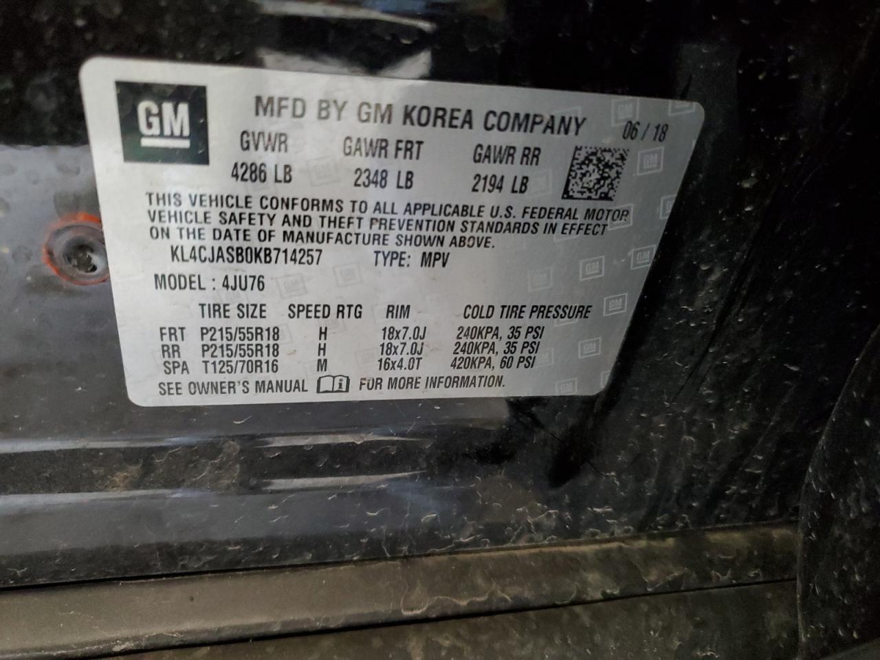 2019 Buick Encore Preferred VIN: KL4CJASB0KB714257 Lot: 51873505