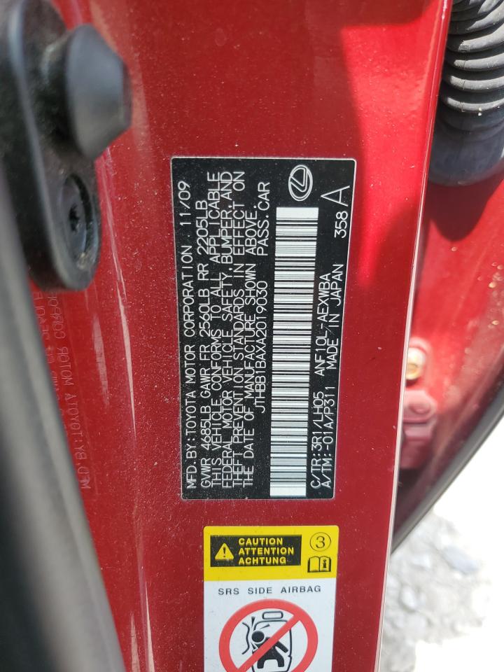 2010 Lexus Hs 250H VIN: JTHBB1BAXA2019030 Lot: 54541985