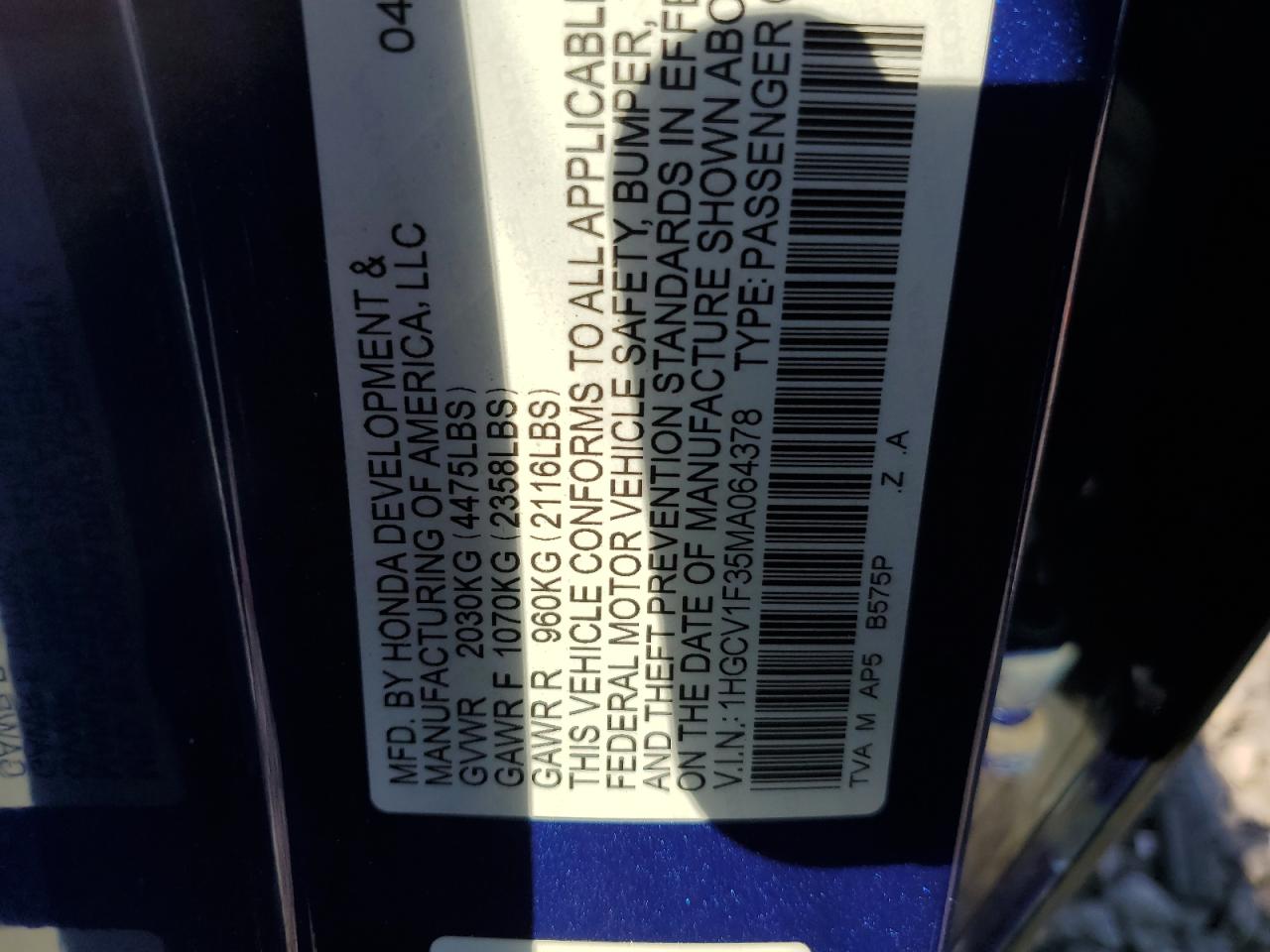 2021 Honda Accord Sport VIN: 1HGCV1F35MA064378 Lot: 53691715