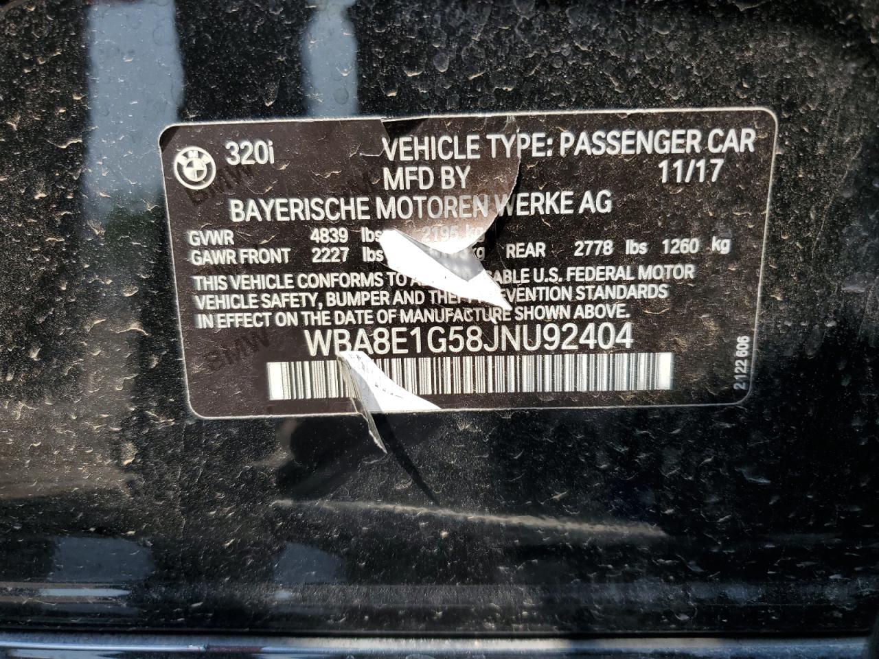 2018 BMW 320 I VIN: WBA8E1G58JNU92404 Lot: 52757725