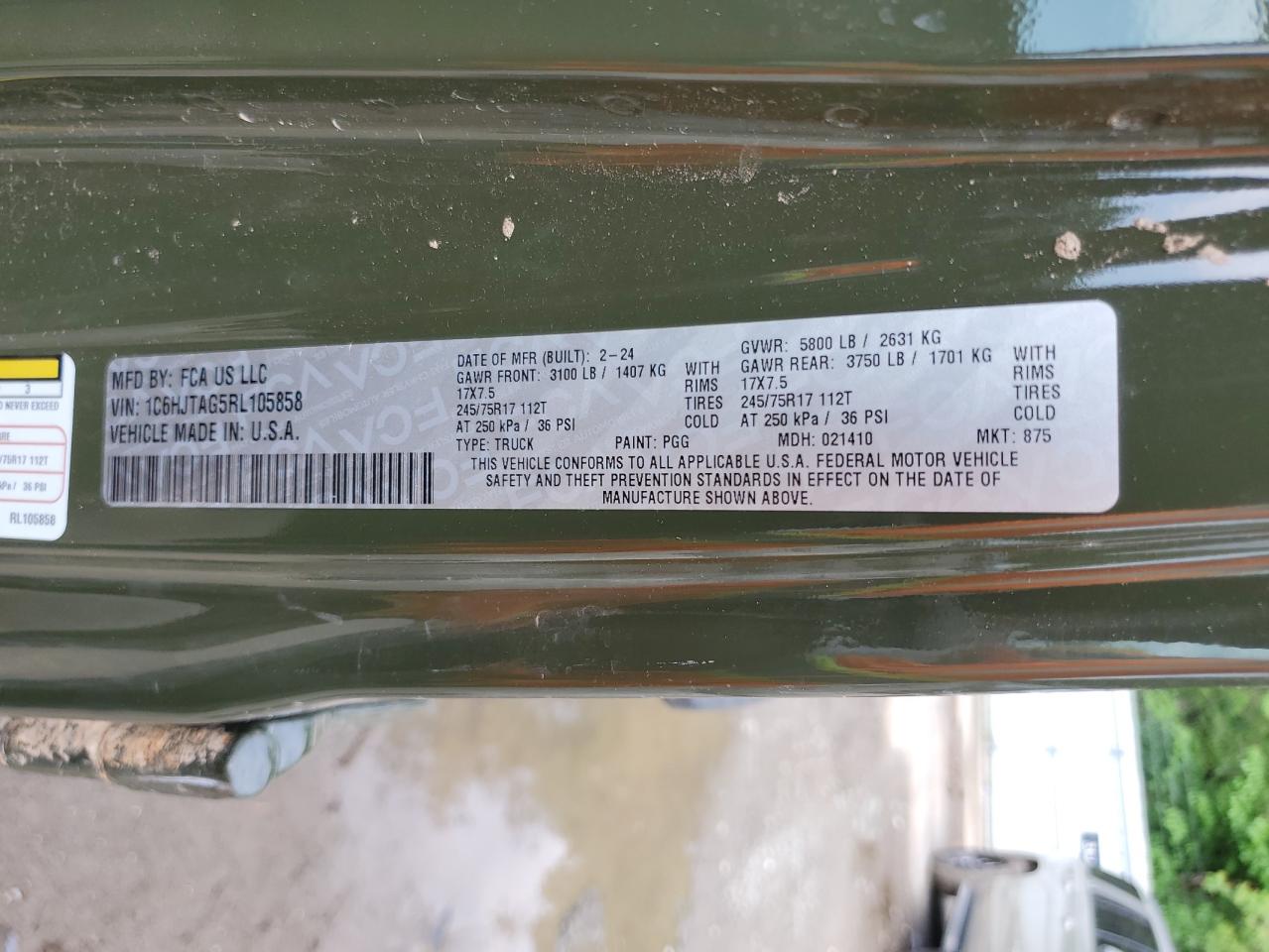 2024 Jeep Gladiator Sport VIN: 1C6HJTAG5RL105858 Lot: 53345125