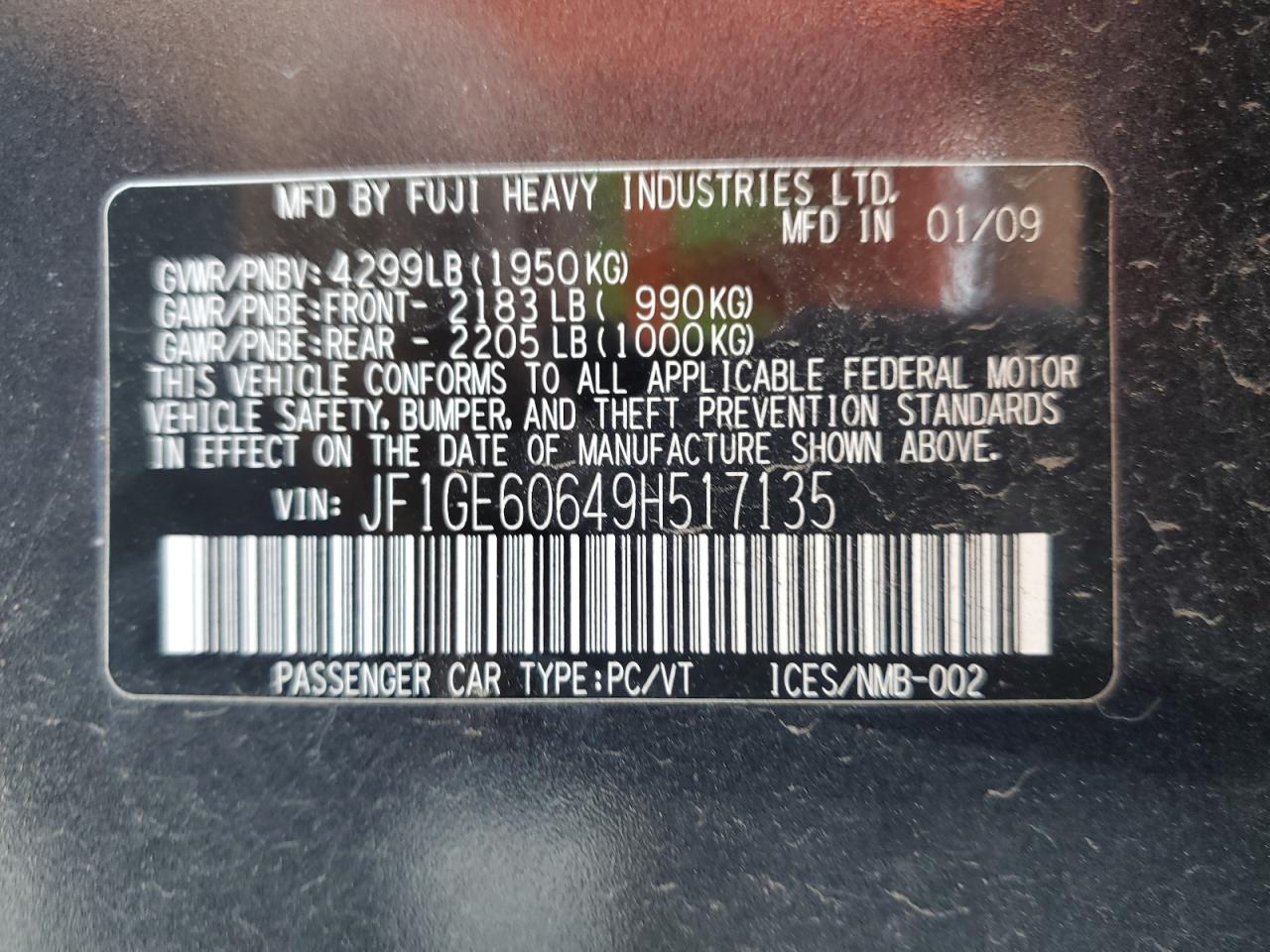 2009 Subaru Impreza 2.5I Premium VIN: JF1GE60649H517135 Lot: 54928645