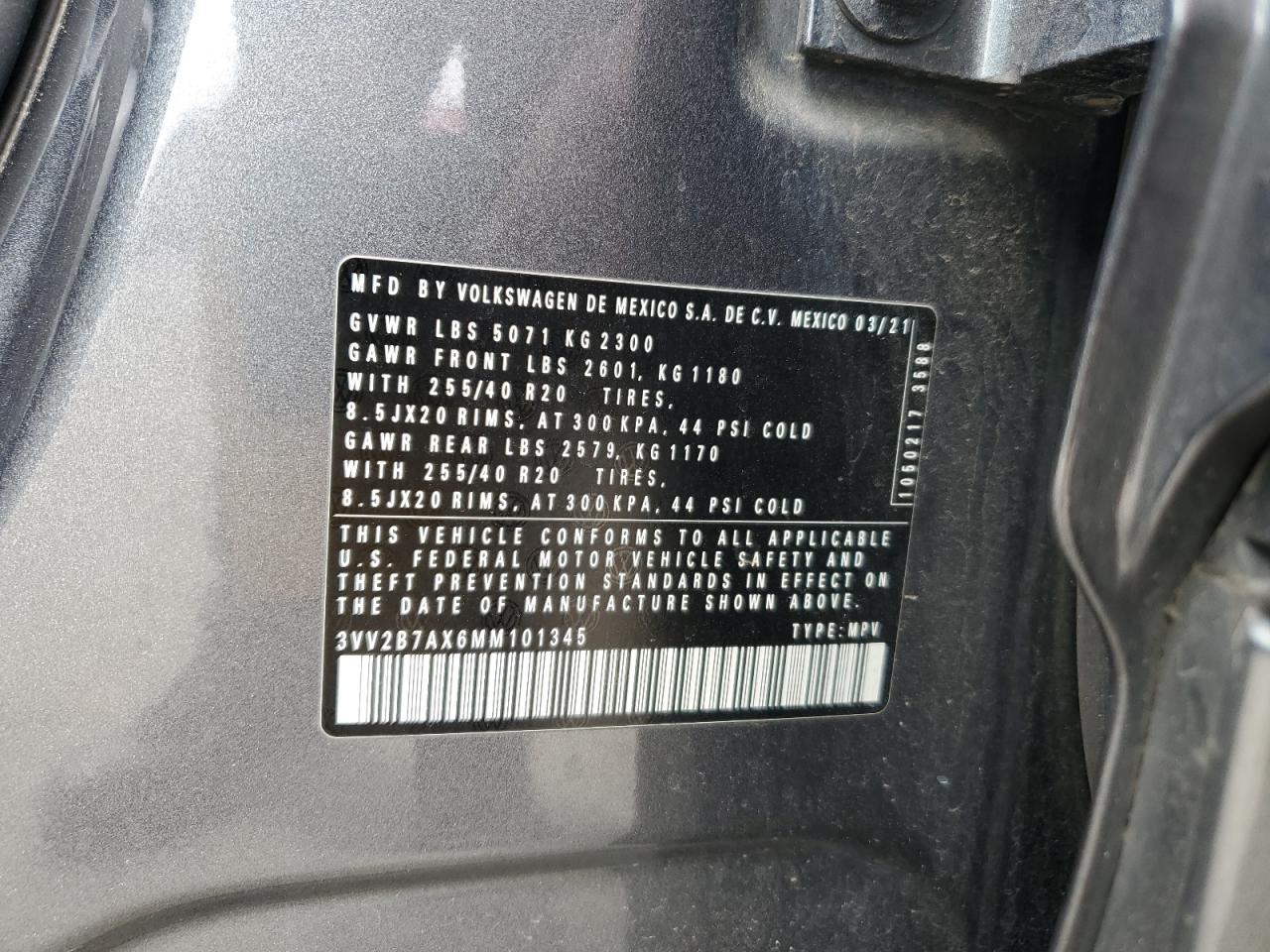 2021 Volkswagen Tiguan Se VIN: 3VV2B7AX6MM101345 Lot: 53089615