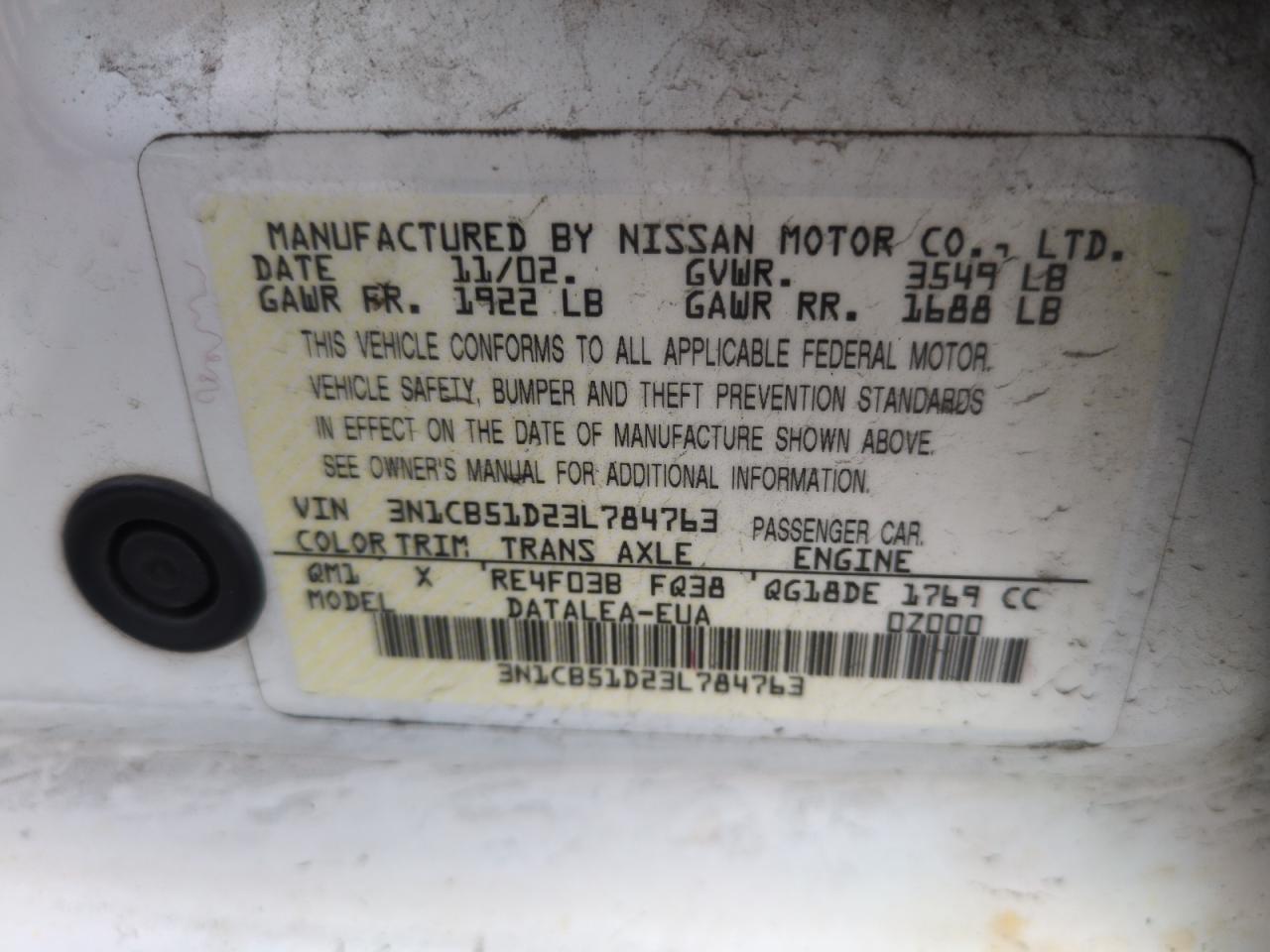 2003 Nissan Sentra Xe VIN: 3N1CB51D23L784763 Lot: 54683005