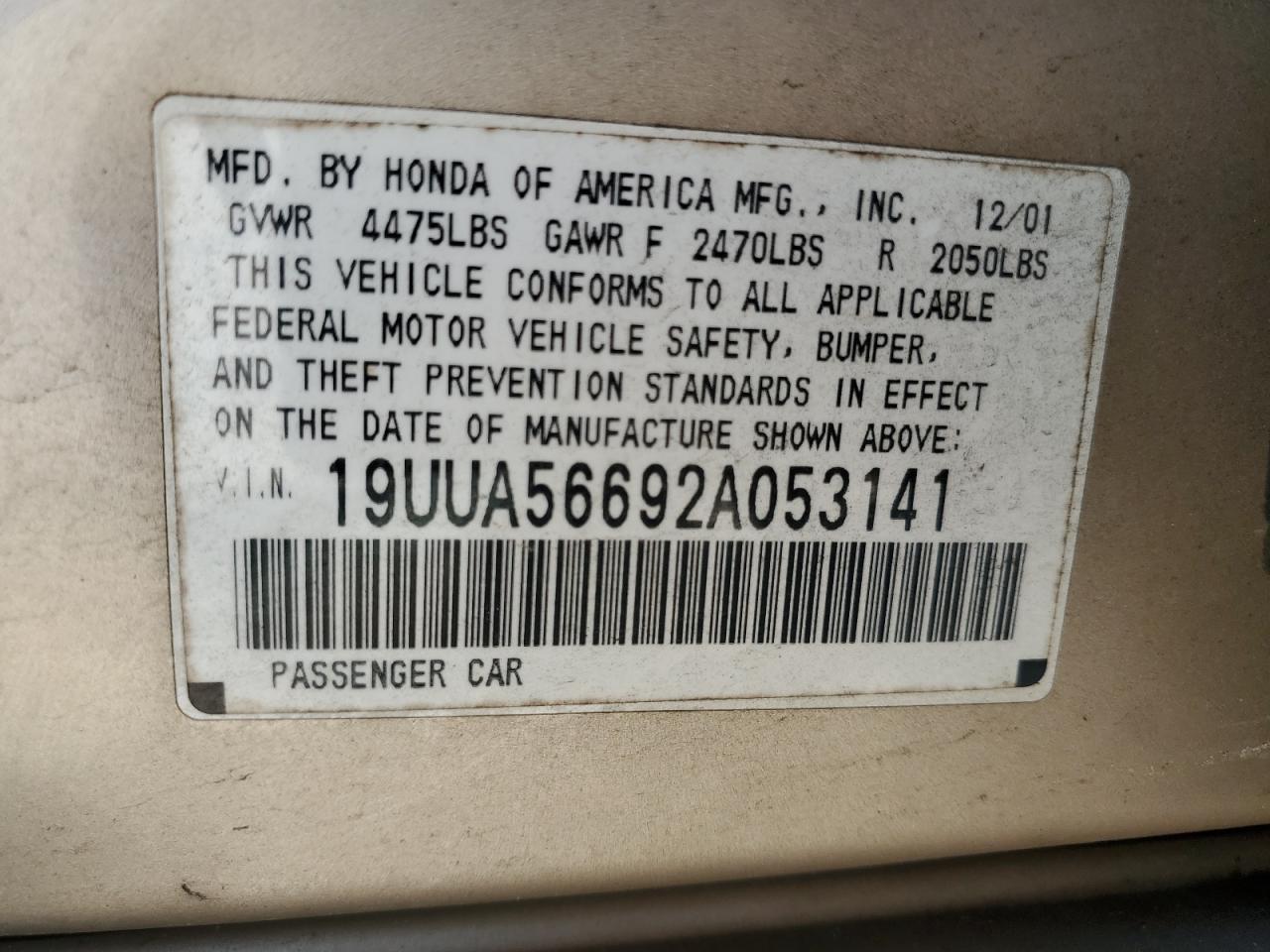 2002 Acura 3.2Tl VIN: 19UUA56692A053141 Lot: 52702925
