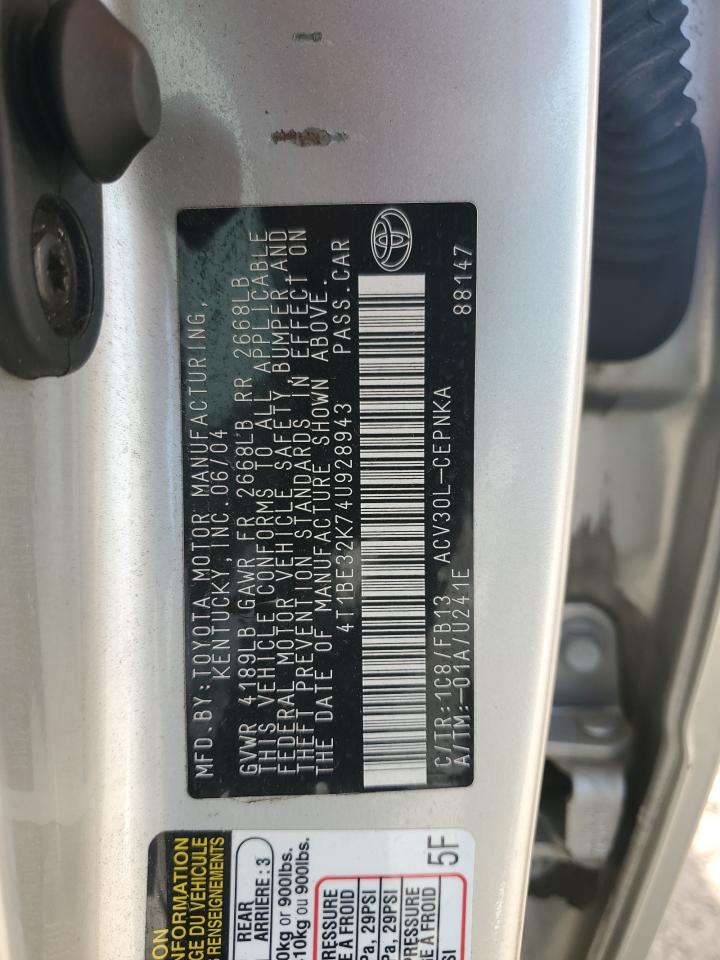 2004 Toyota Camry Le VIN: 4T1BE32K74U928943 Lot: 54506235