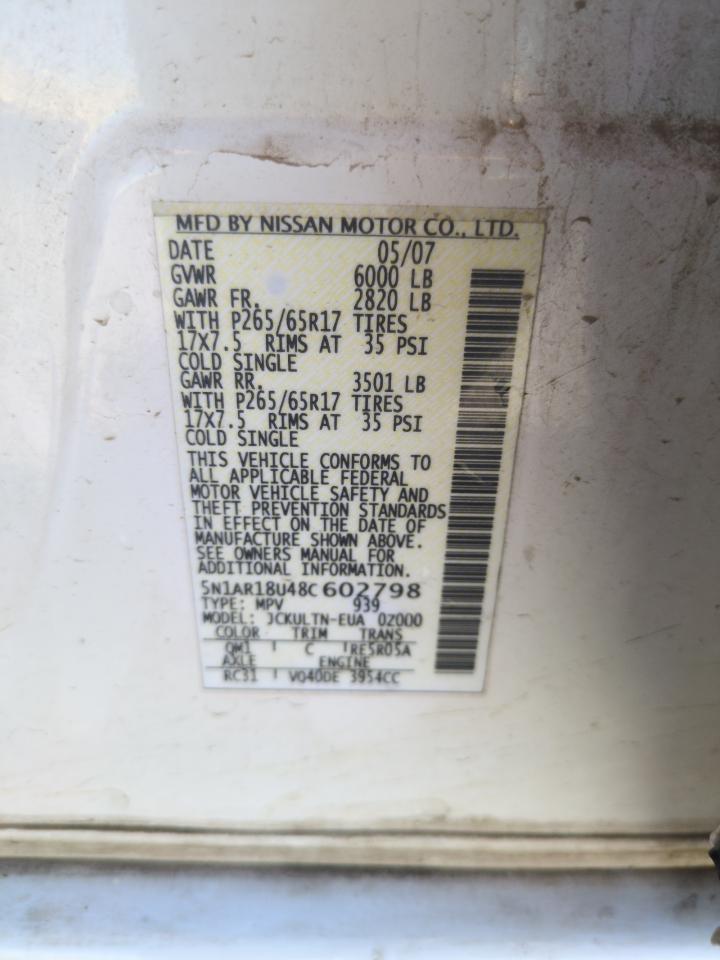 2008 Nissan Pathfinder S VIN: 5N1AR18U48C602798 Lot: 53104175