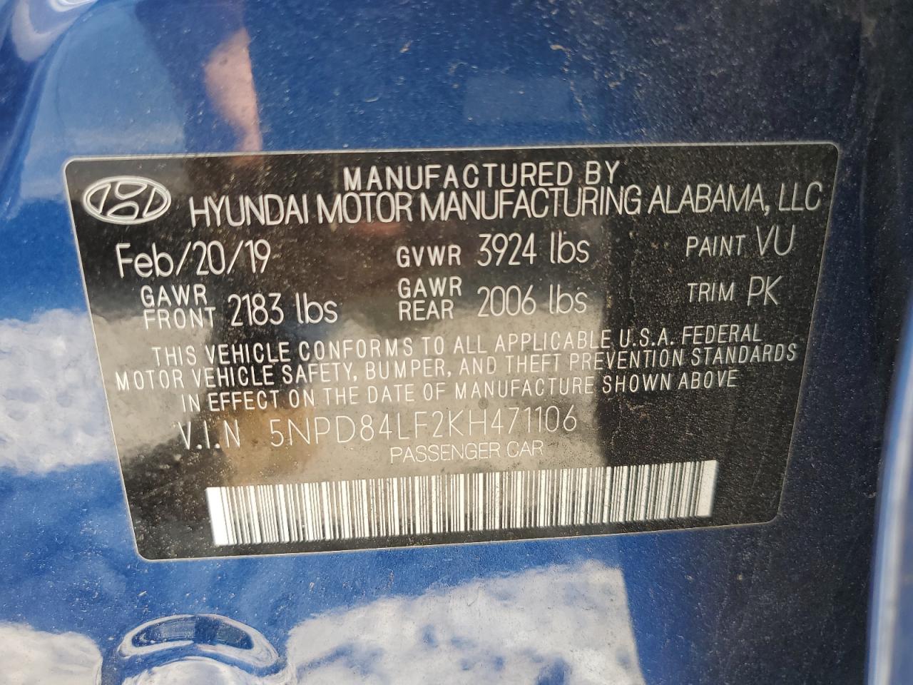 2019 Hyundai Elantra Sel VIN: 5NPD84LF2KH471106 Lot: 55079975