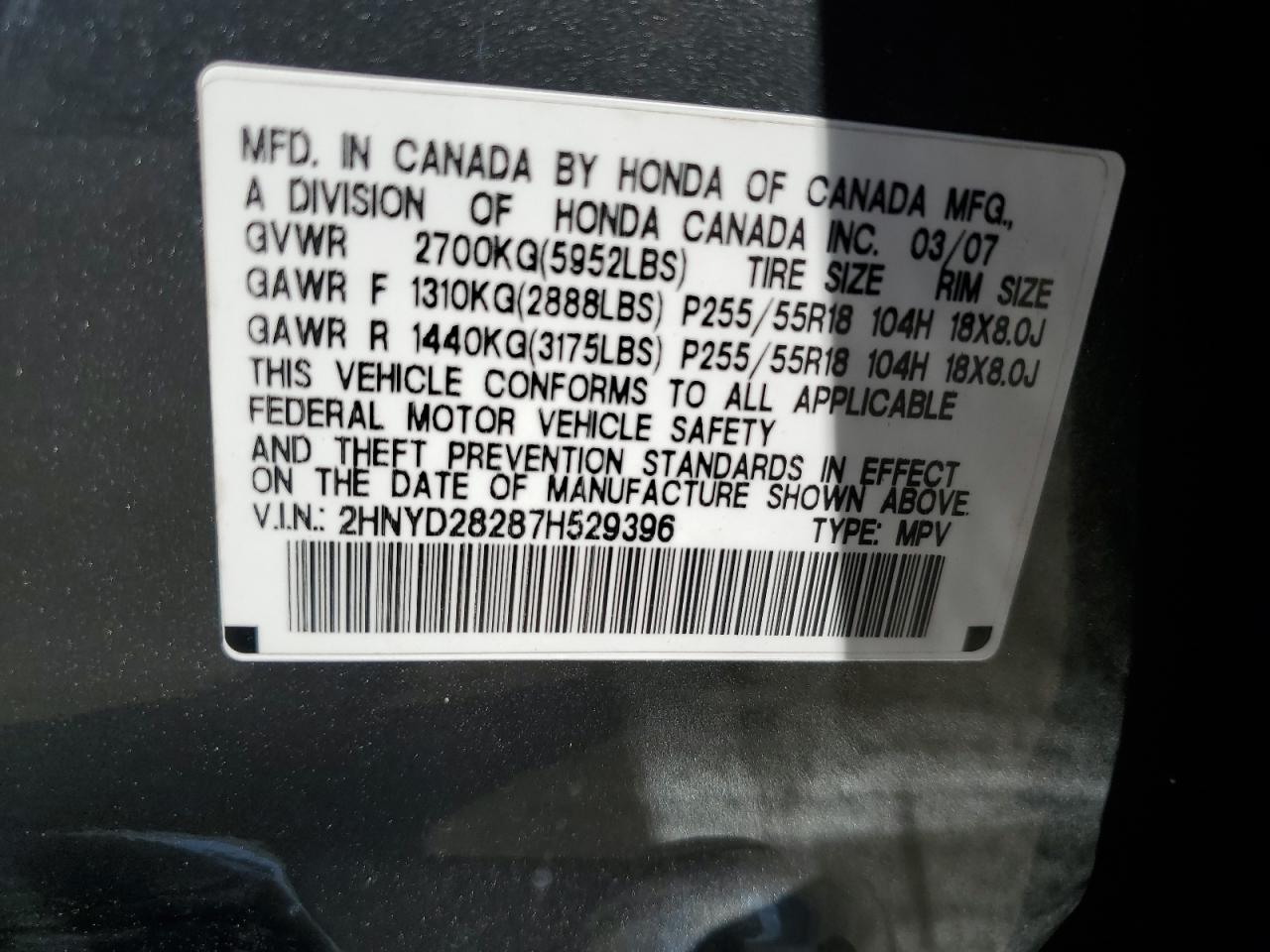 2007 Acura Mdx VIN: 2HNYD28287H529396 Lot: 54968065