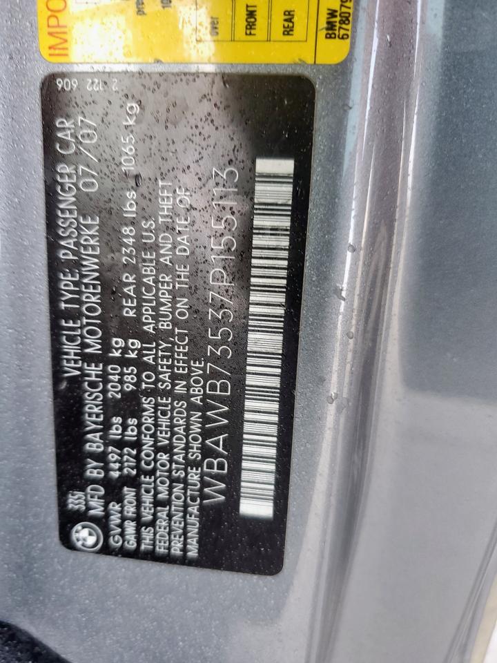 2007 BMW 335 I VIN: WBAWB73537P155113 Lot: 54203555