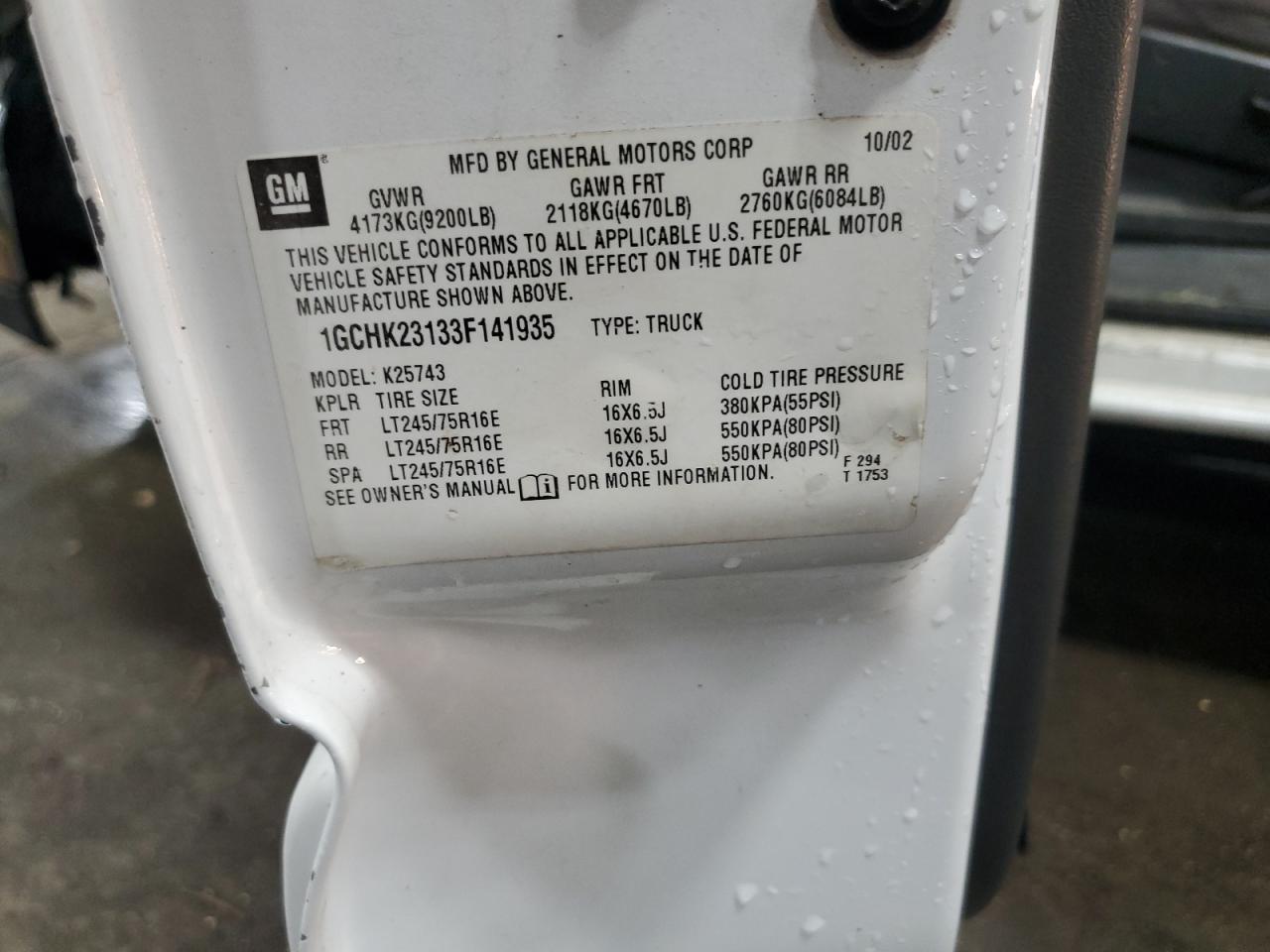 2003 Chevrolet Silverado K2500 Heavy Duty VIN: 1GCHK23133F141935 Lot: 54319025