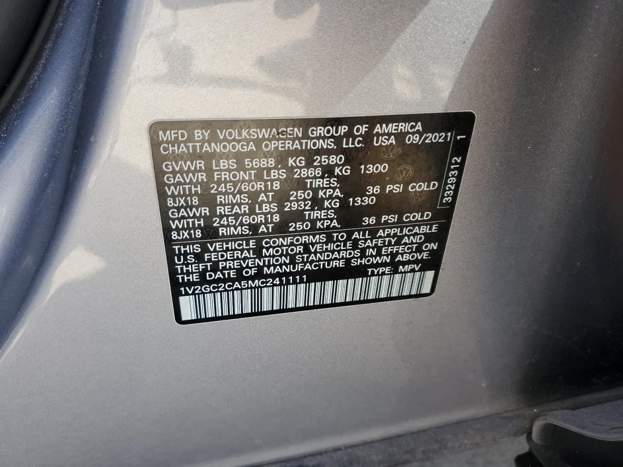 2021 Volkswagen Atlas Cross Sport S VIN: 1V2GC2CA5MC241111 Lot: 51863485