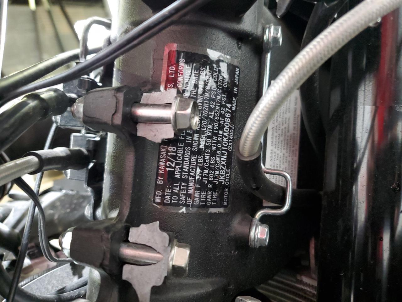2019 Kawasaki Zx1400 J VIN: JKBZXNJ10KA008674 Lot: 50842555