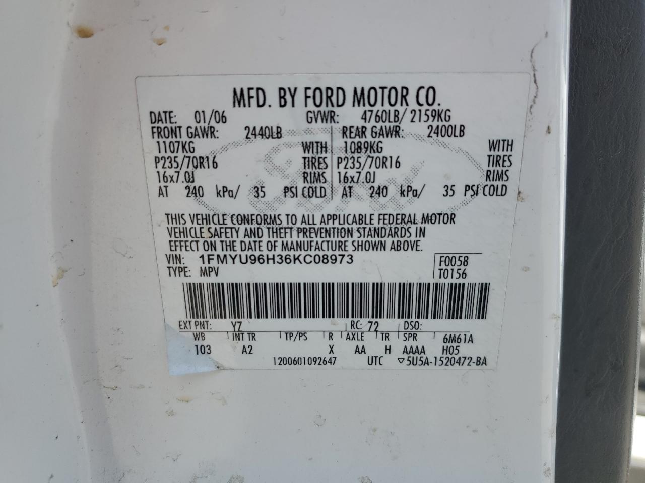 2006 Ford Escape Hev VIN: 1FMYU96H36KC08973 Lot: 54441245