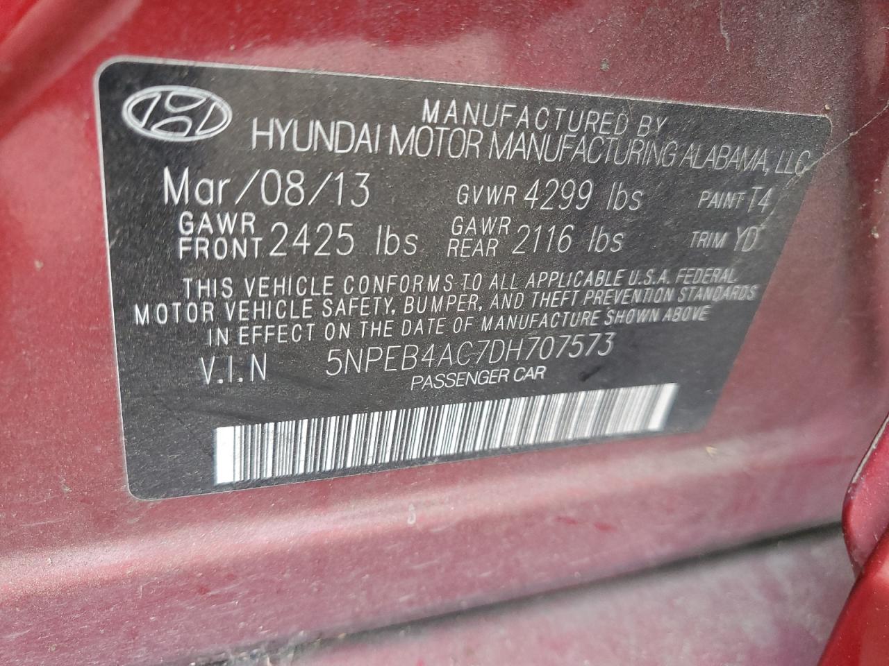2013 Hyundai Sonata Gls VIN: 5NPEB4AC7DH707573 Lot: 54569895