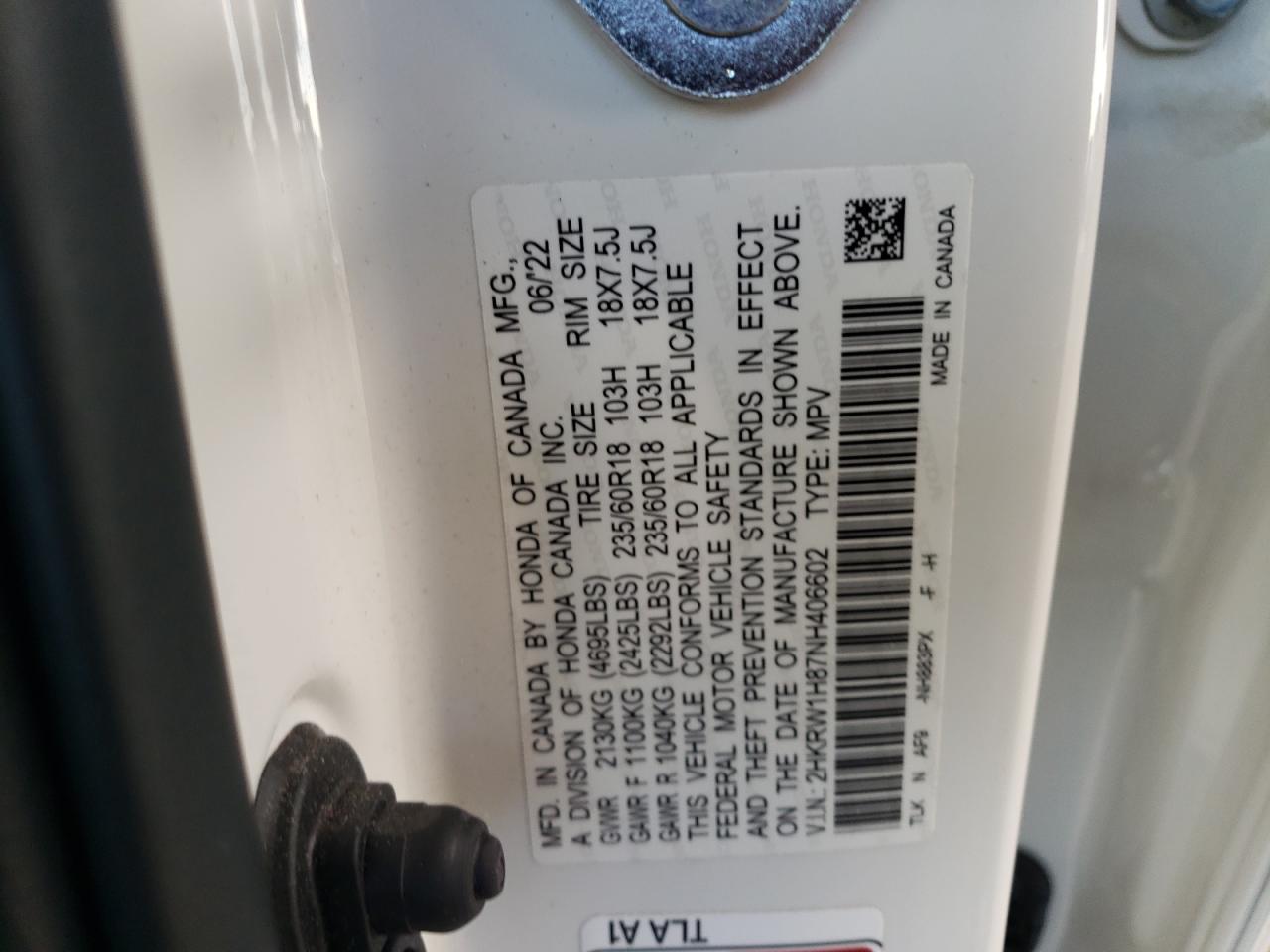 2HKRW1H87NH406602 HONDA CRV 2022