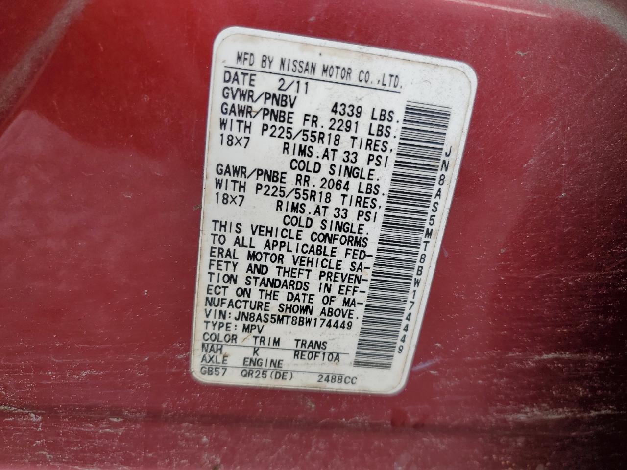 2011 Nissan Rogue S VIN: JN8AS5MT8BW174449 Lot: 51054955
