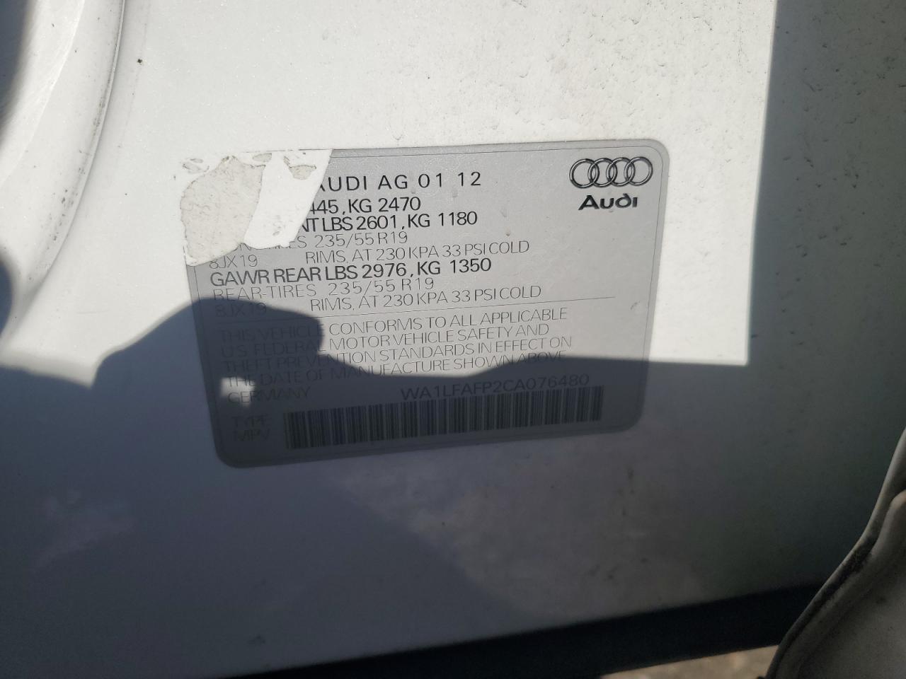 2012 Audi Q5 Premium Plus VIN: WA1LFAFP2CA076480 Lot: 51941275