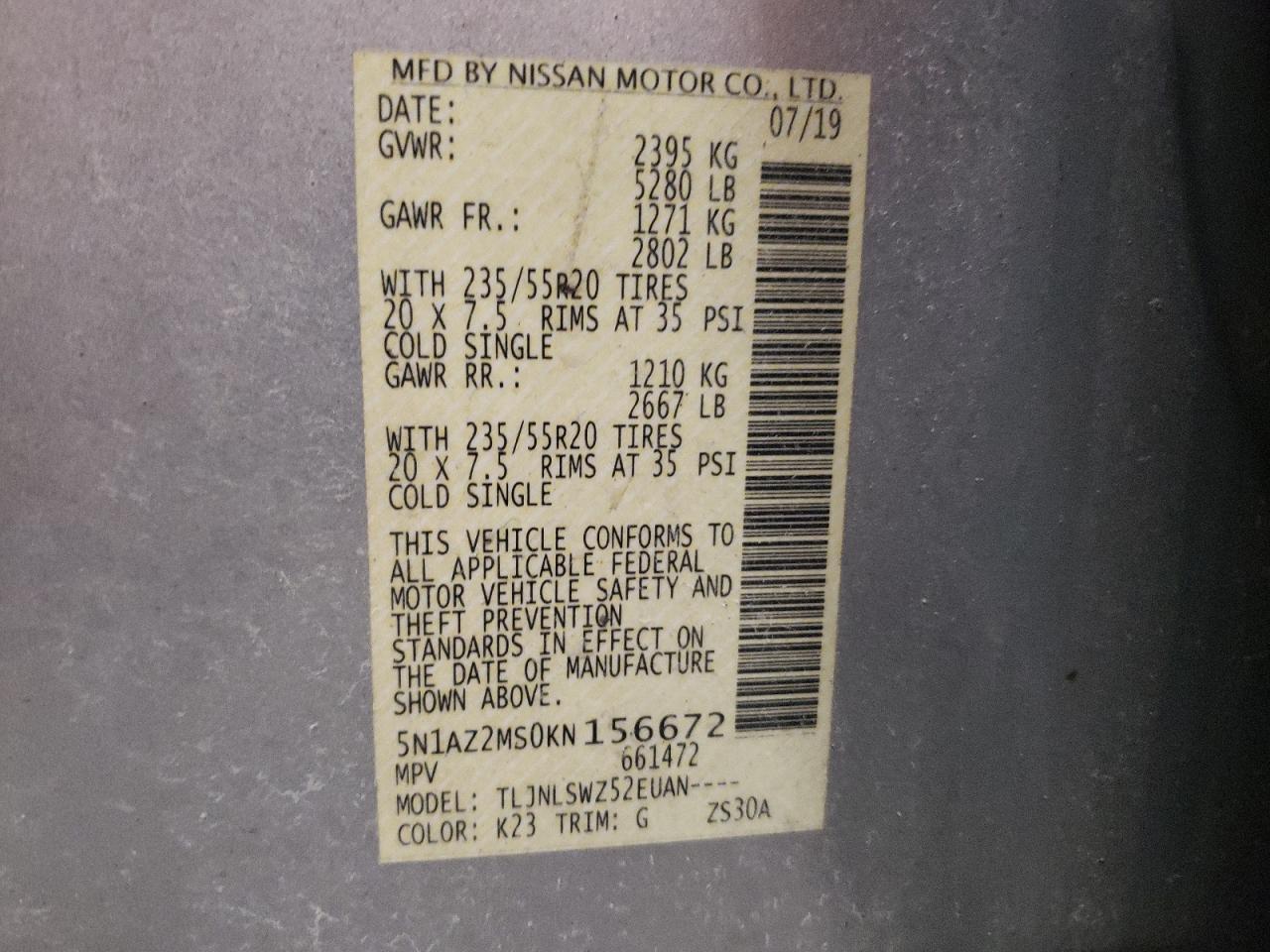 5n1az2ms0kn156672 5N1AZ2MS0KN156672 2019 Nissan Murano S