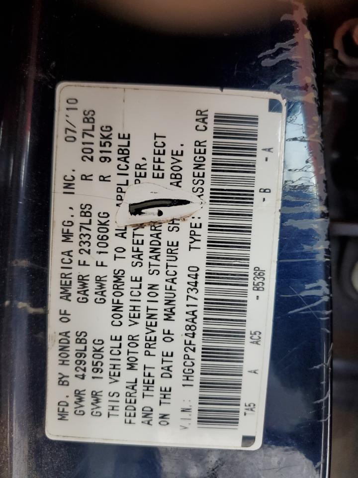 2010 Honda Accord Lxp VIN: 1HGCP2F48AA173440 Lot: 54321835