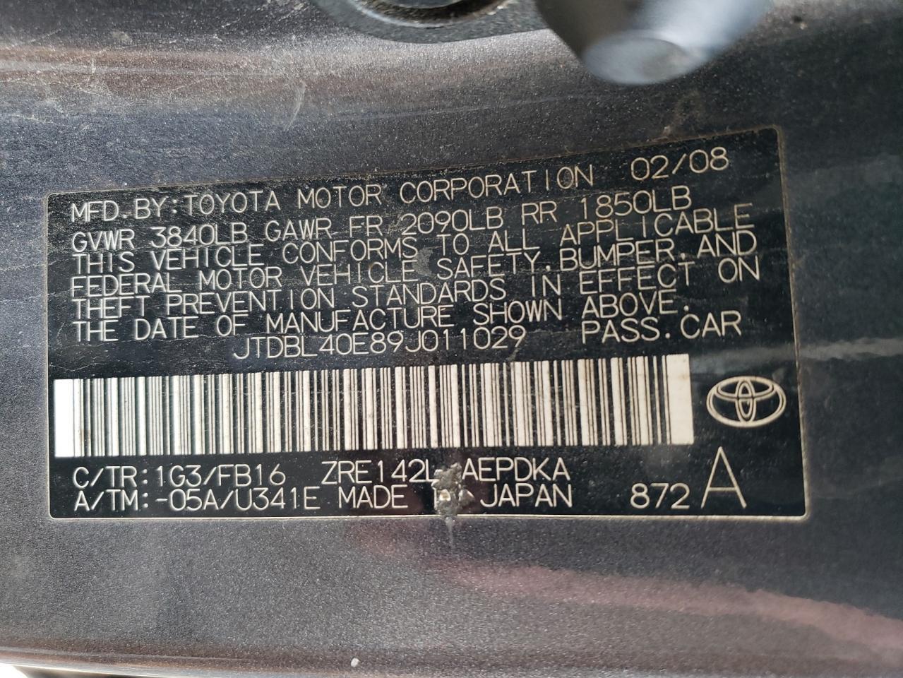 2009 Toyota Corolla Base VIN: JTDBL40E89J011029 Lot: 55181965