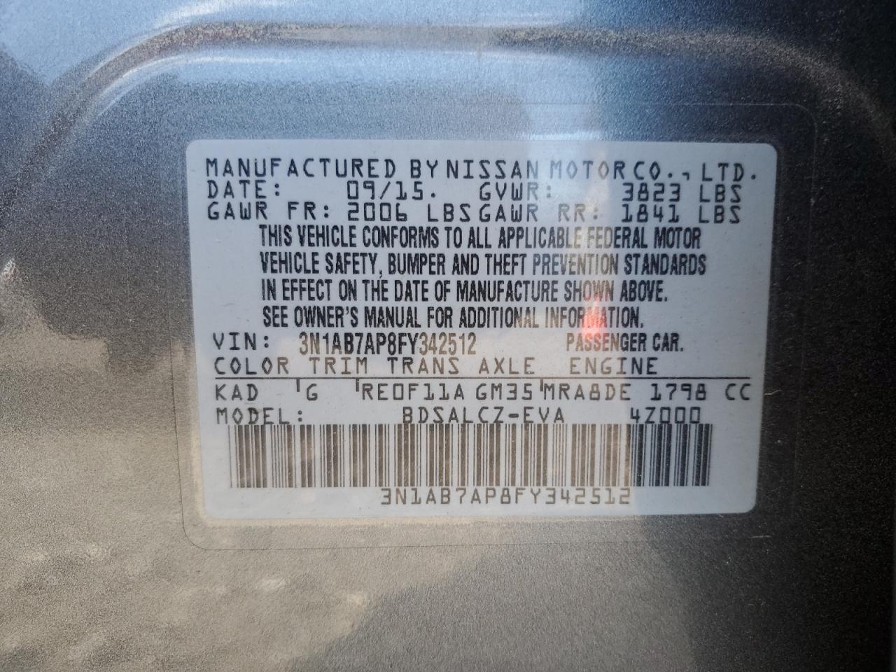 2015 Nissan Sentra S VIN: 3N1AB7AP8FY342512 Lot: 53951265