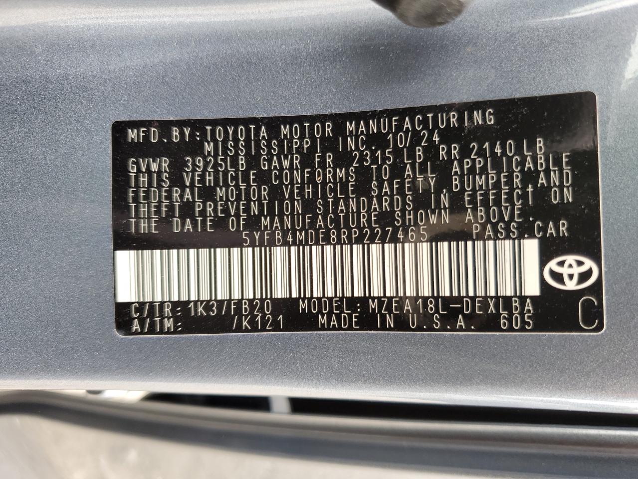 2024 Toyota Corolla Le VIN: 5YFB4MDE8RP227465 Lot: 55097875