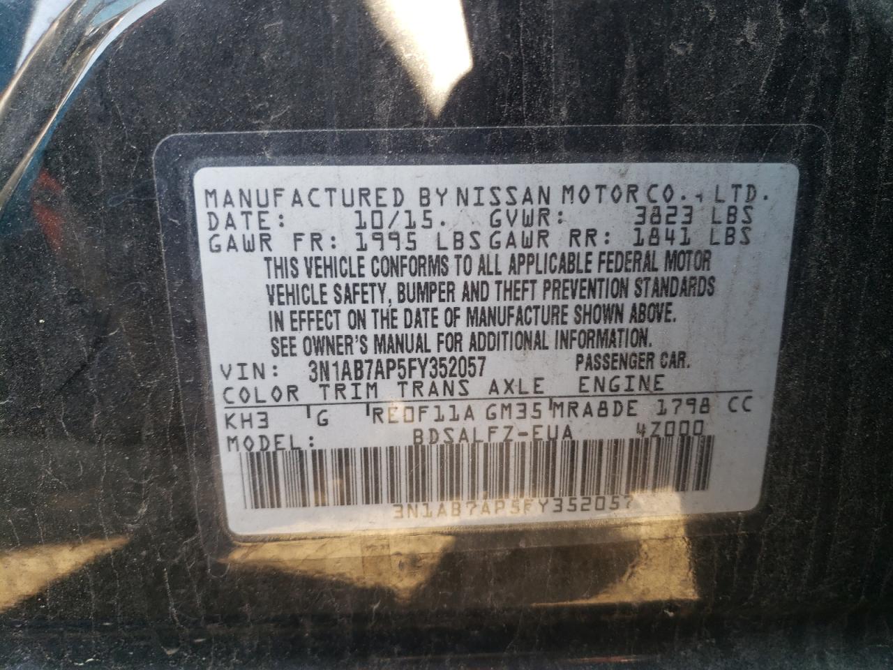 2015 Nissan Sentra S VIN: 3N1AB7AP5FY352057 Lot: 54648935