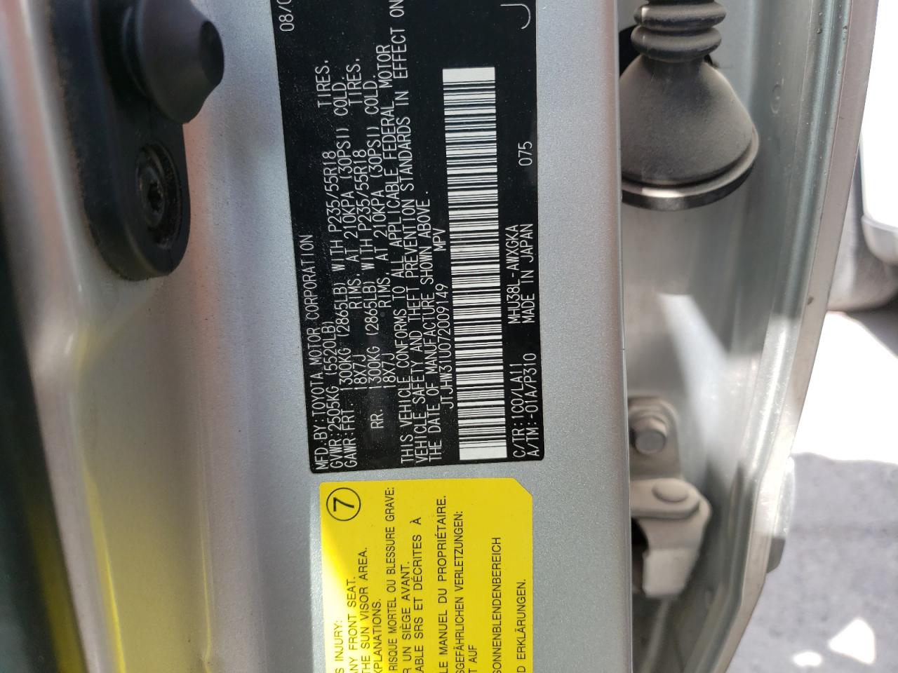 2007 Lexus Rx 400H VIN: JTJHW31U072009149 Lot: 39961141