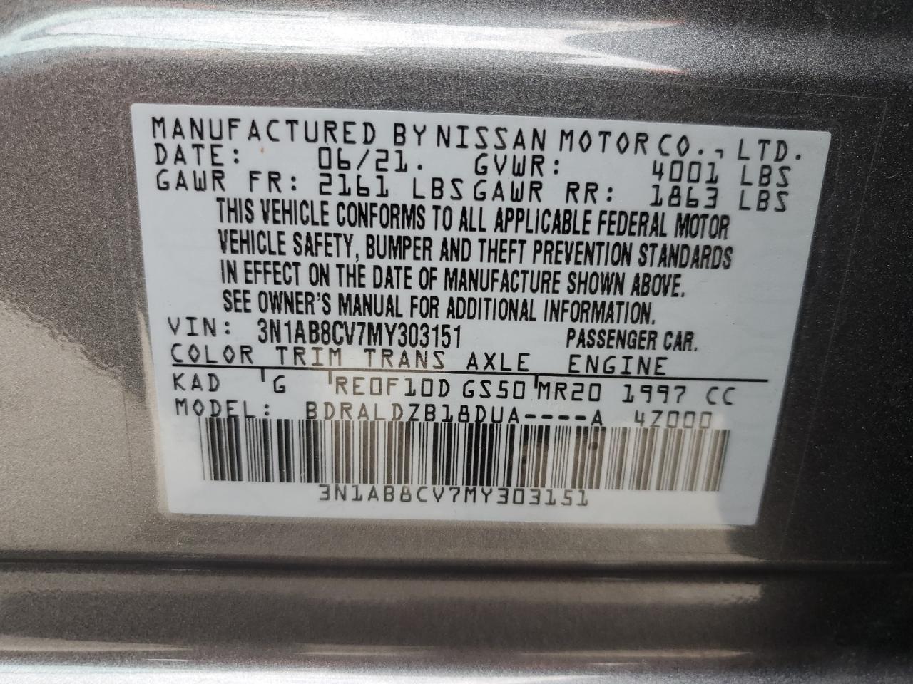 2021 Nissan Sentra Sv VIN: 3N1AB8CV7MY303151 Lot: 55012815
