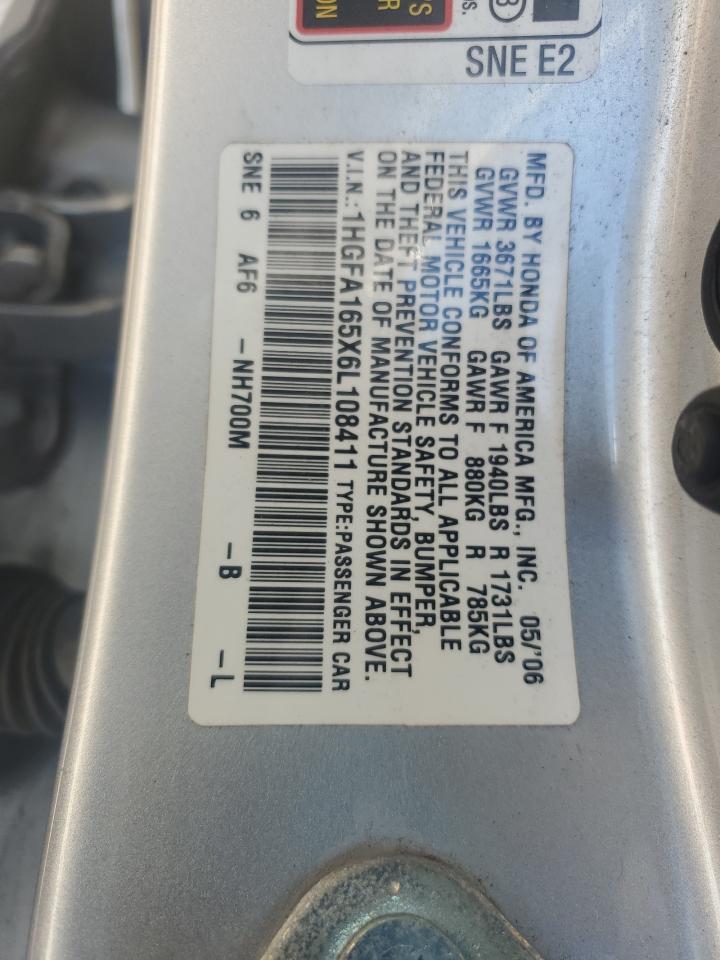 2006 Honda Civic Lx VIN: 1HGFA165X6L108411 Lot: 52946325