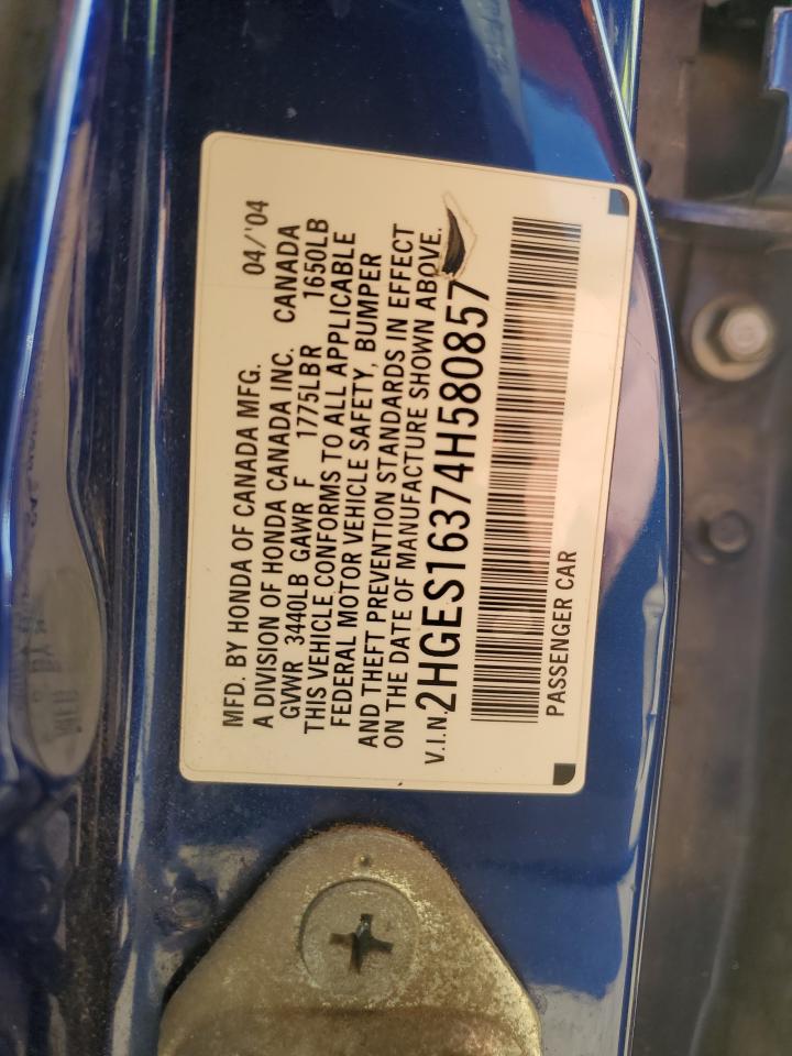 2004 Honda Civic Dx Vp VIN: 2HGES16374H580857 Lot: 52996255