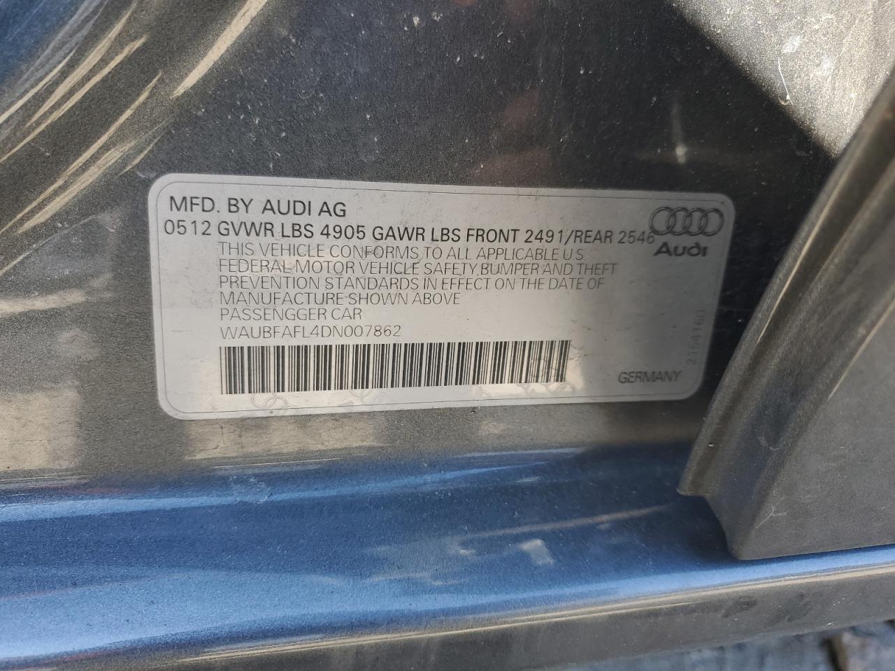2013 Audi A4 Premium VIN: WAUBFAFL4DN007862 Lot: 53303695