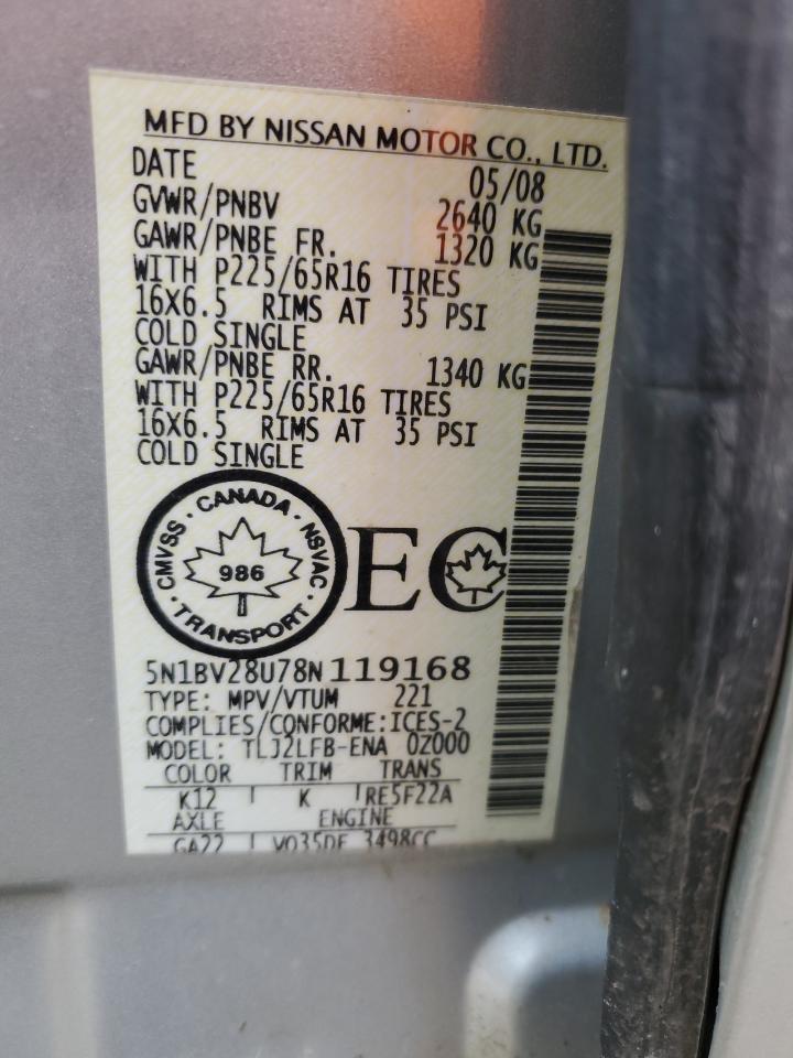2008 Nissan Quest S VIN: 5N1BV28U78N119168 Lot: 53324505