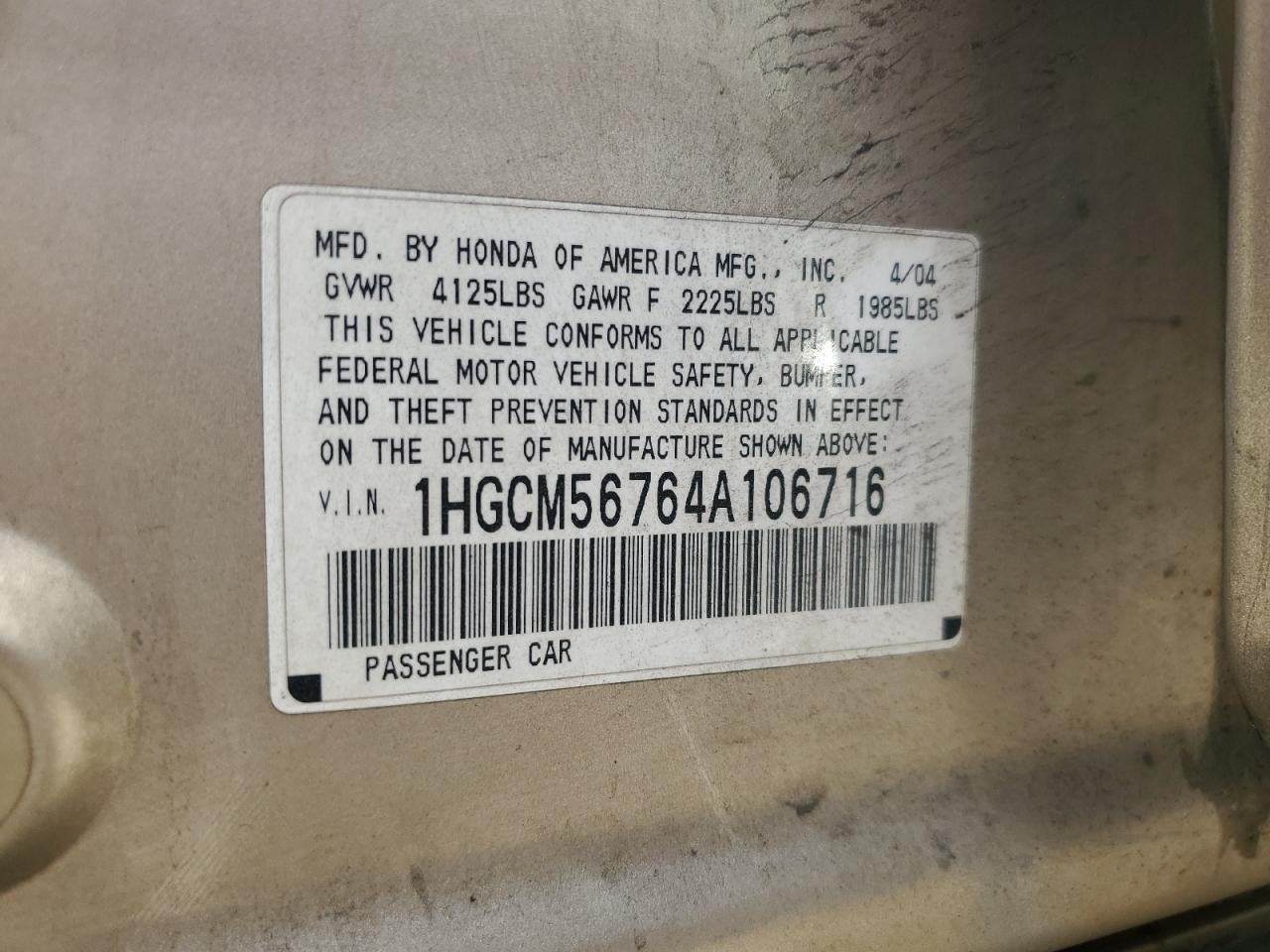 2004 Honda Accord Ex VIN: 1HGCM56764A106716 Lot: 55027225
