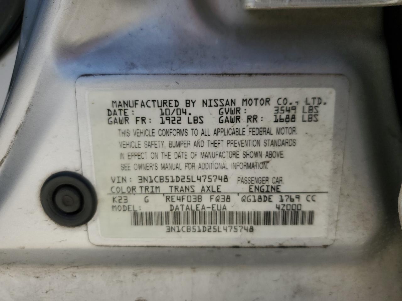 2005 Nissan Sentra 1.8 VIN: 3N1CB51D25L475748 Lot: 52595465