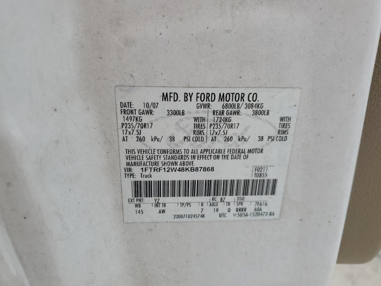 2008 Ford F150 VIN: 1FTRF12W48KB87868 Lot: 51230175