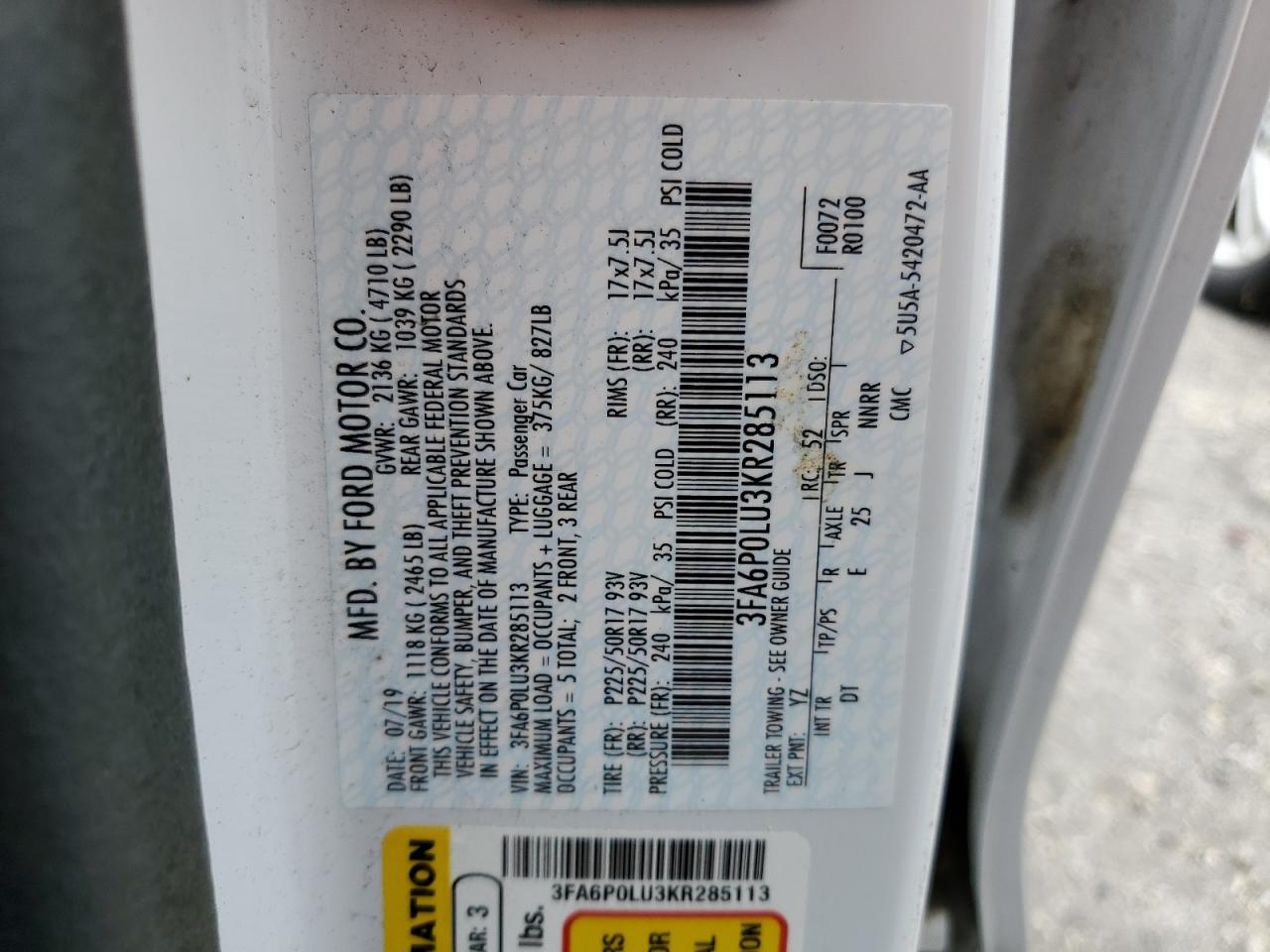 2019 Ford Fusion Se VIN: 3FA6P0LU3KR285113 Lot: 54025905