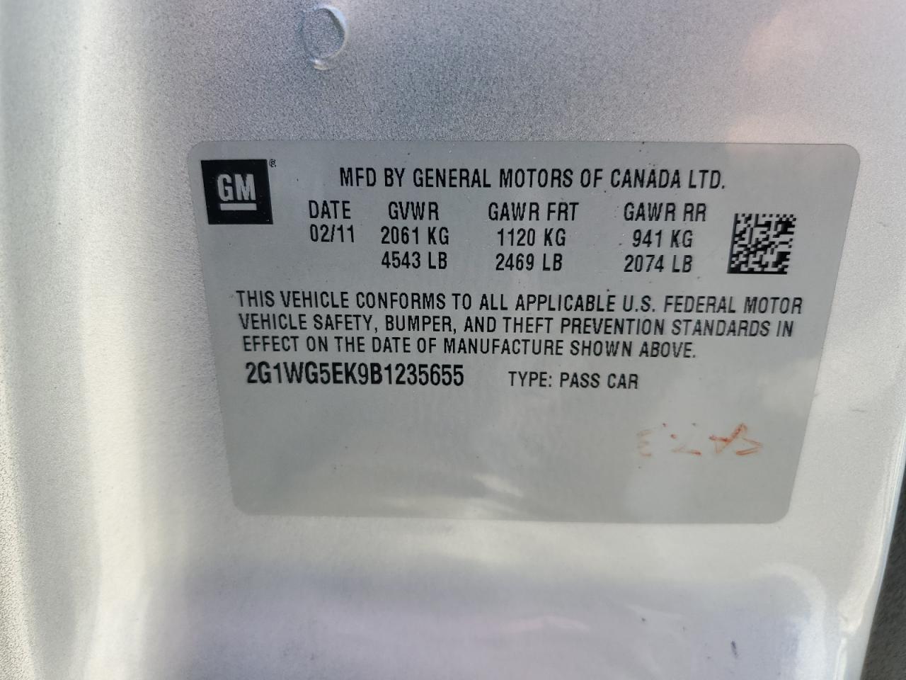 2011 Chevrolet Impala Lt VIN: 2G1WG5EK9B1235655 Lot: 53520605