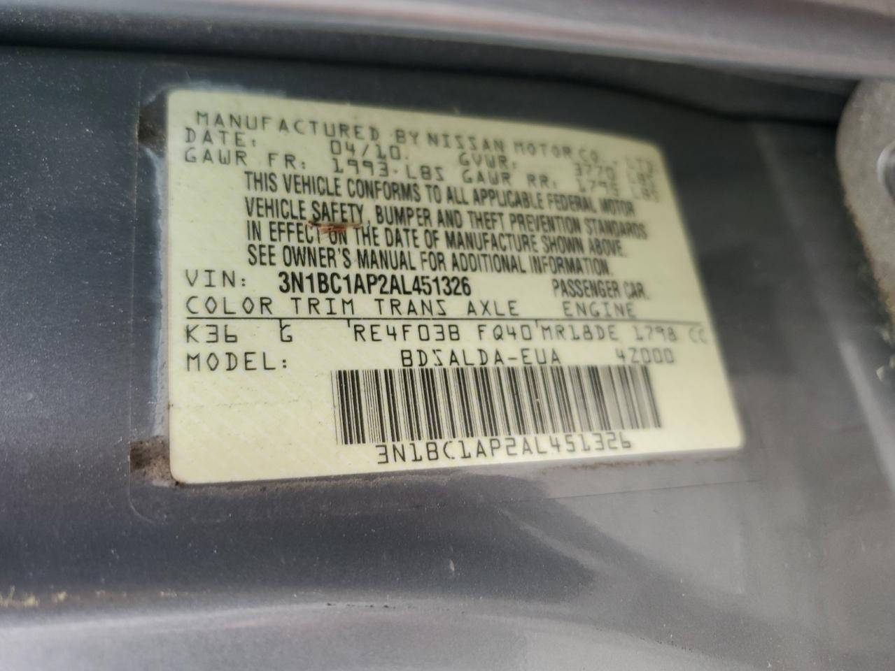 2010 Nissan Versa S VIN: 3N1BC1AP2AL451326 Lot: 54434045