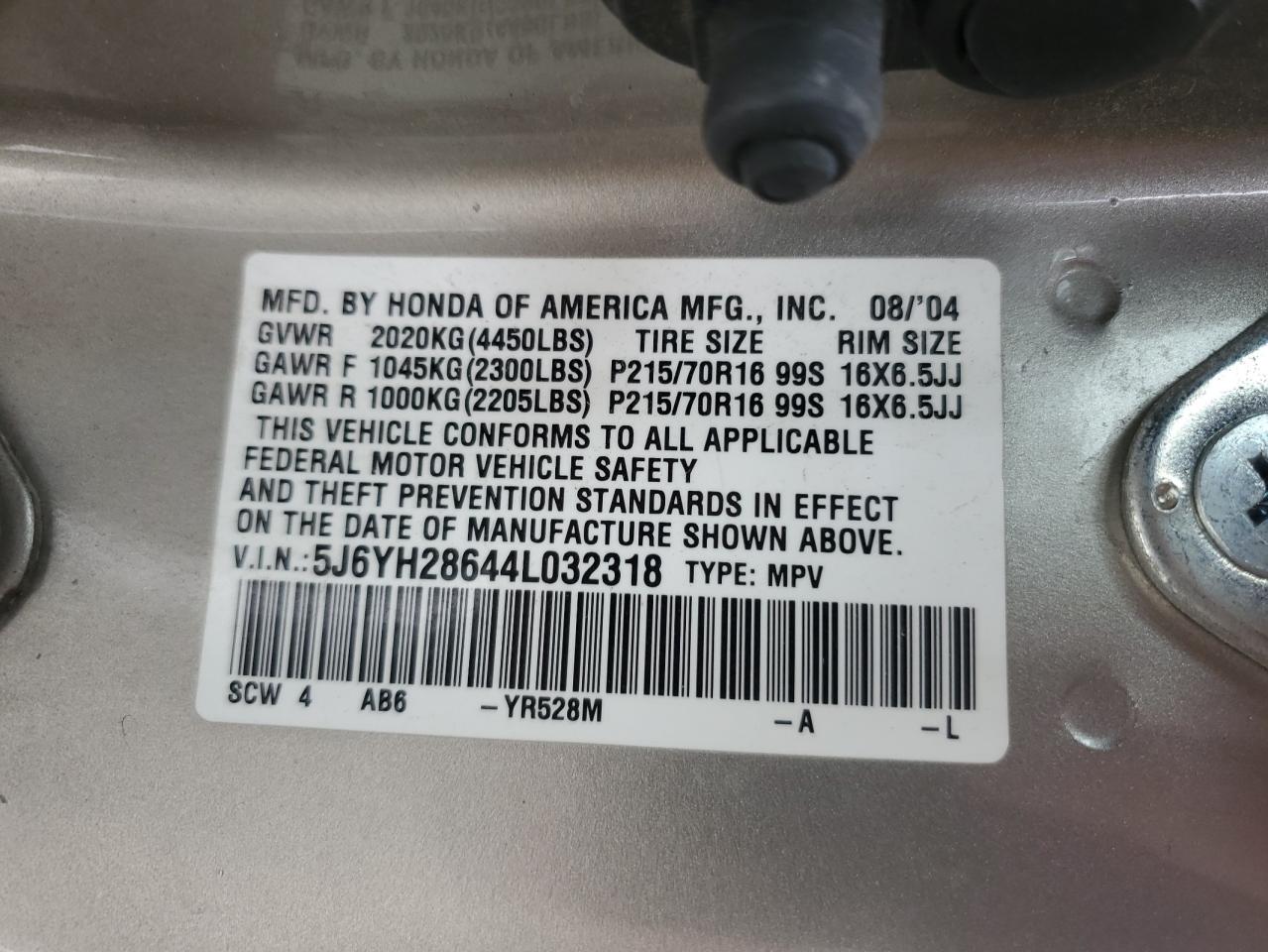 2004 Honda Element Ex VIN: 5J6YH28644L032318 Lot: 53132285