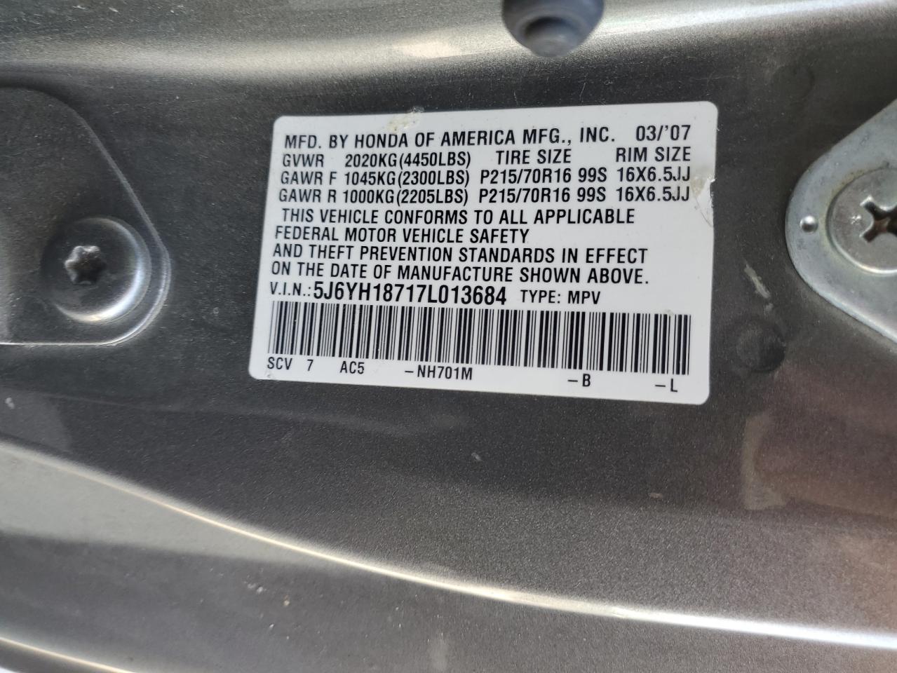 2007 Honda Element Ex VIN: 5J6YH18717L013684 Lot: 55173465