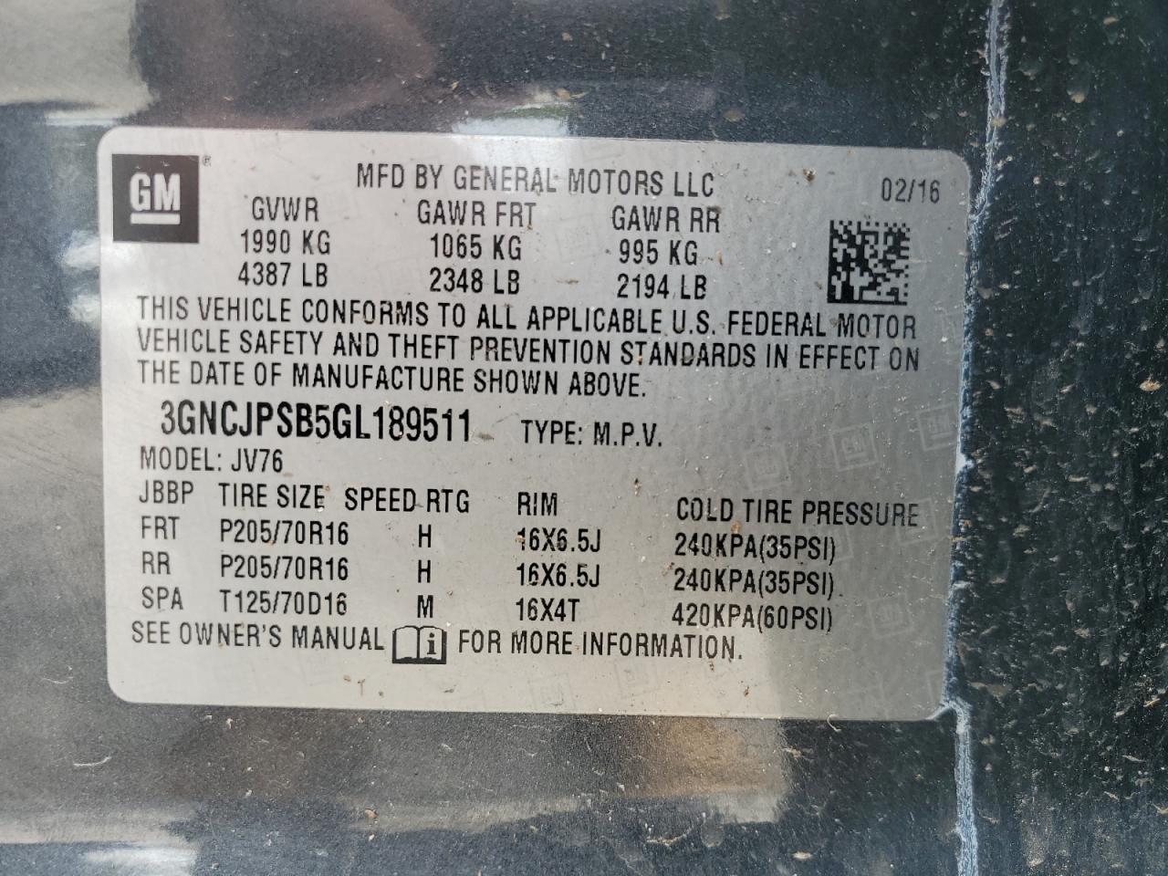 2016 Chevrolet Trax 1Lt VIN: 3GNCJPSB5GL189511 Lot: 93210485