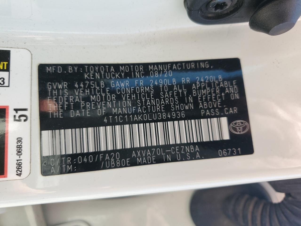 2020 Toyota Camry Le VIN: 4T1C11AK0LU384936 Lot: 54366655