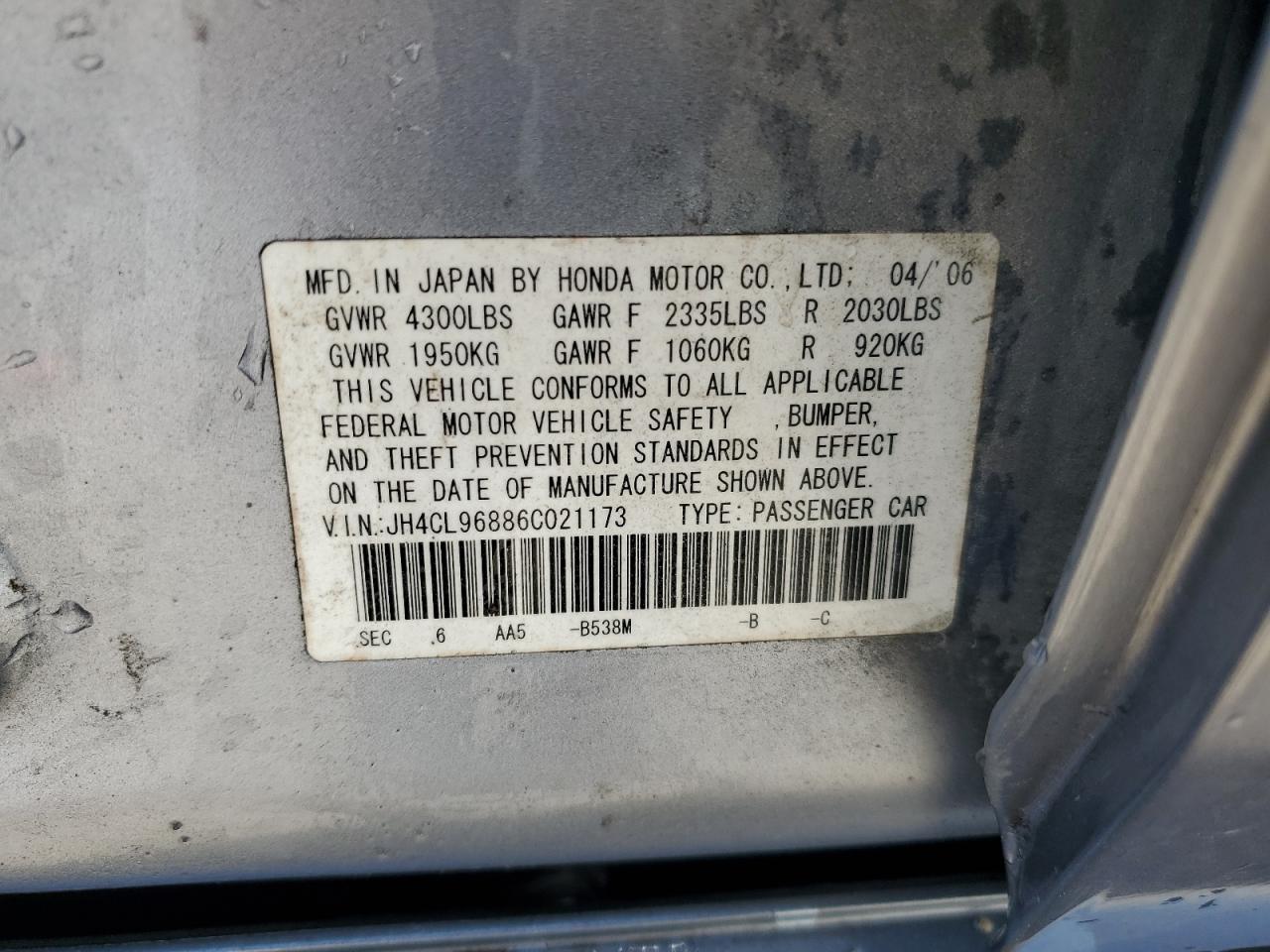 2006 Acura Tsx VIN: JH4CL96886C021173 Lot: 53071135