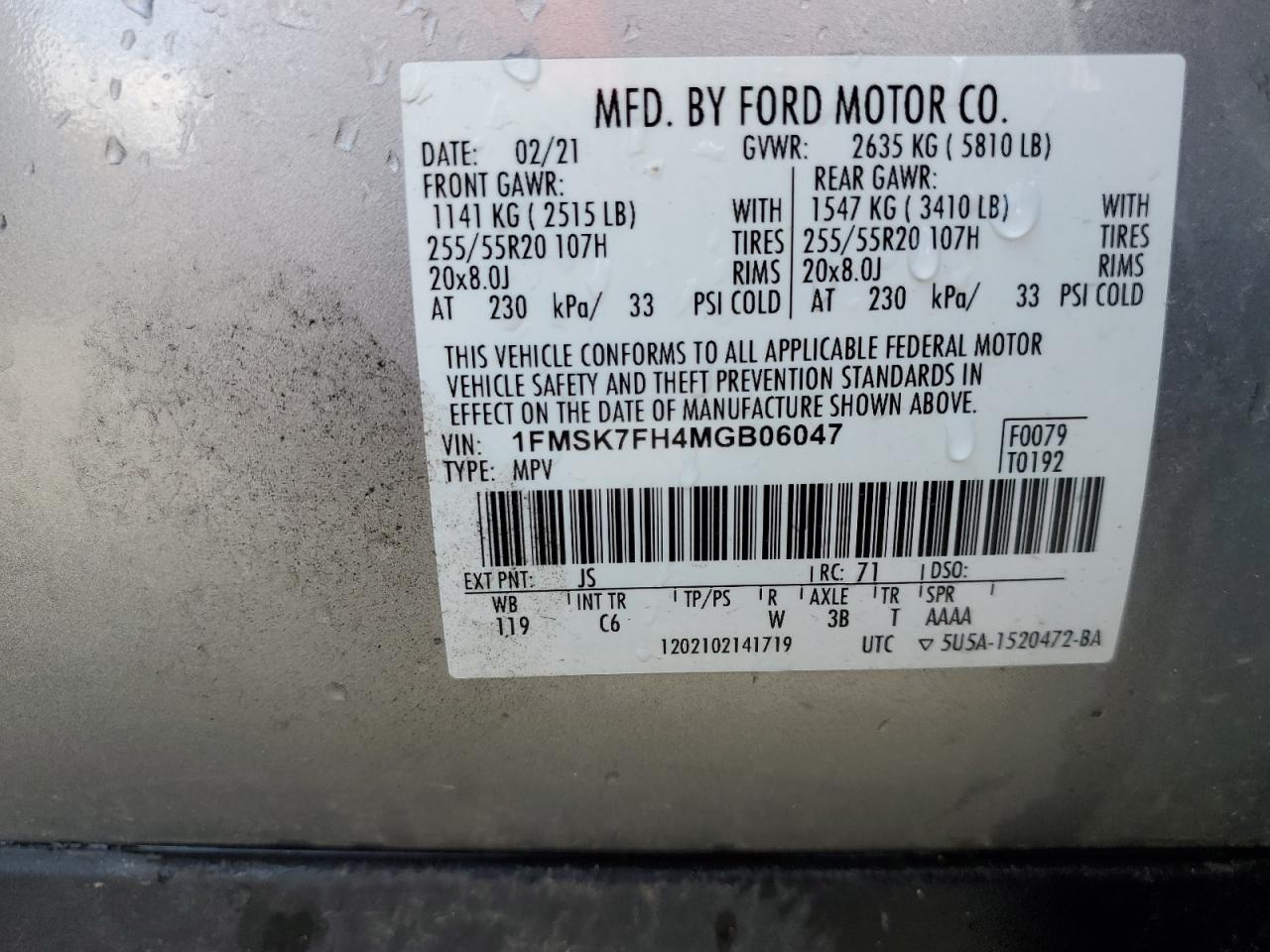 2021 Ford Explorer Limited VIN: 1FMSK7FH4MGB06047 Lot: 52697025