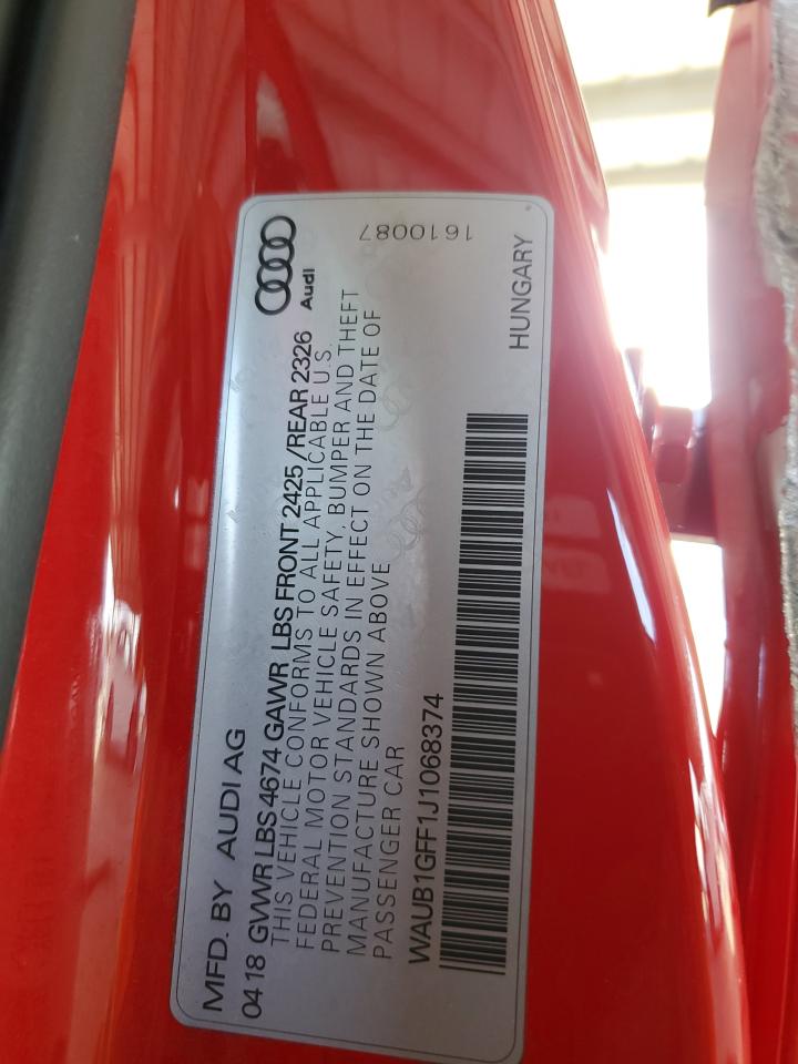 2018 Audi S3 Premium Plus VIN: WAUB1GFF1J1068374 Lot: 52768335