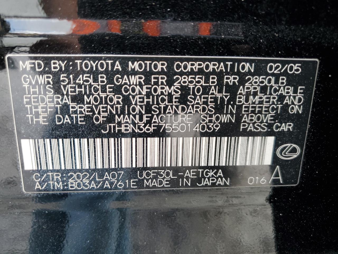 2005 Lexus Ls 430 VIN: JTHBN36F755014039 Lot: 54259665